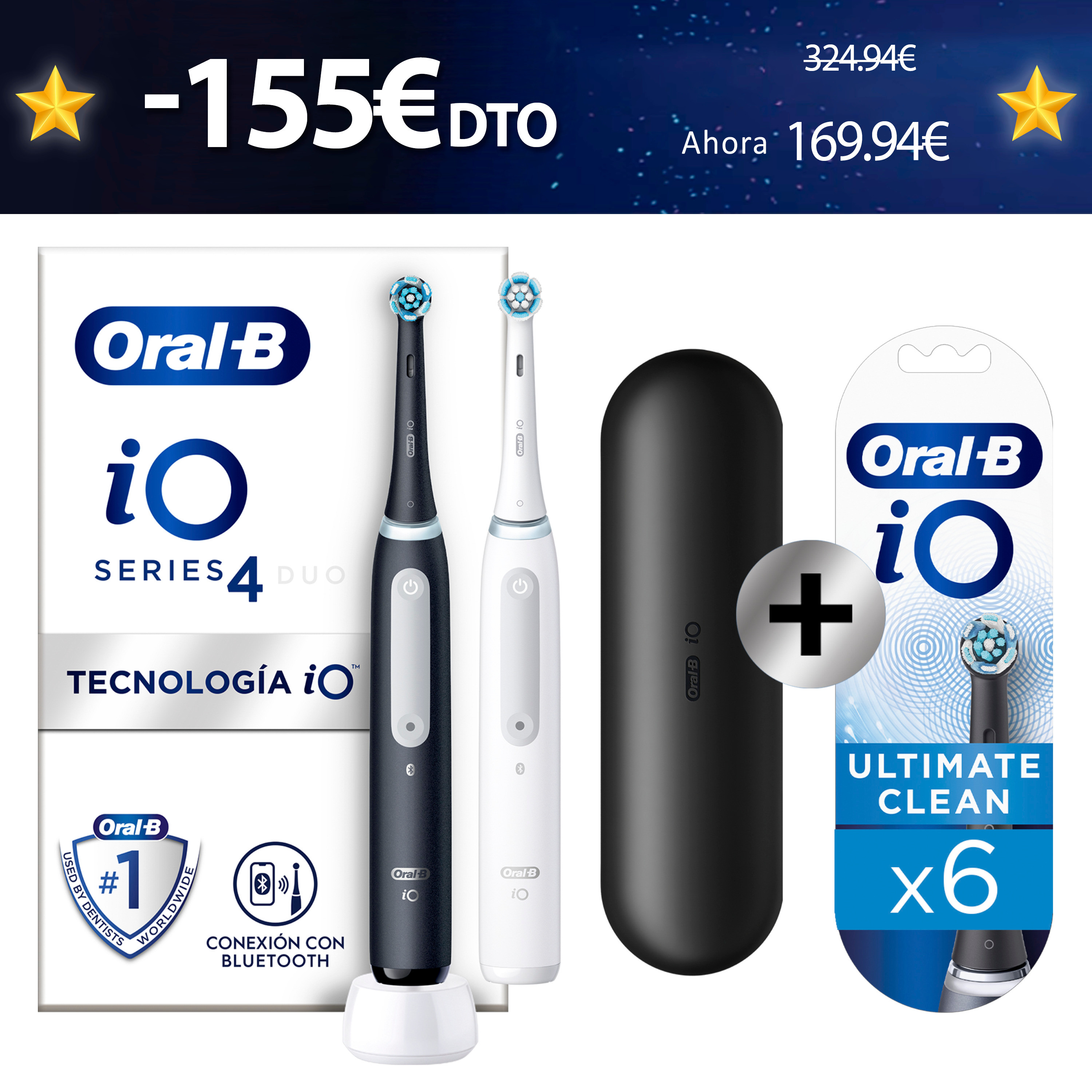 Oral-B iO 4 Pack dúo de Cepillos Eléctricos blanco y negro con 2 Recambios