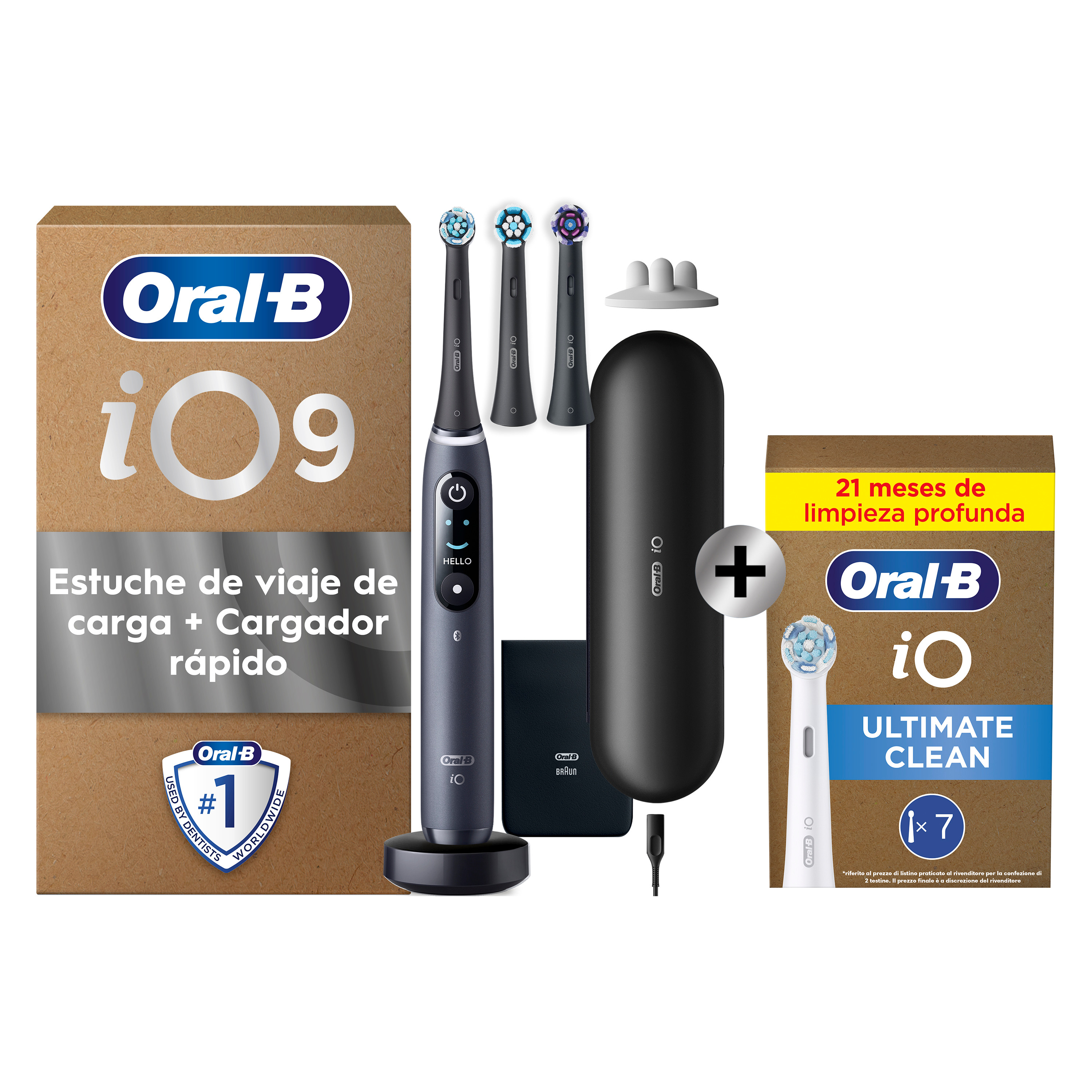 Oral-B iO 9 Pack de Cepillo Eléctrico Negro con 3+7 cabezales y cargador de viaje negro