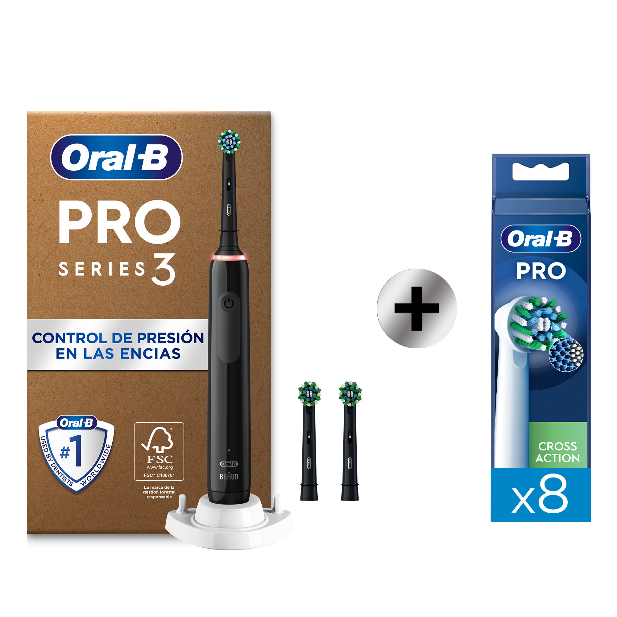 Oral-B Pro3 Pack de Cepillo Eléctrico Negro con 3 Recambios + 8 Recambios
