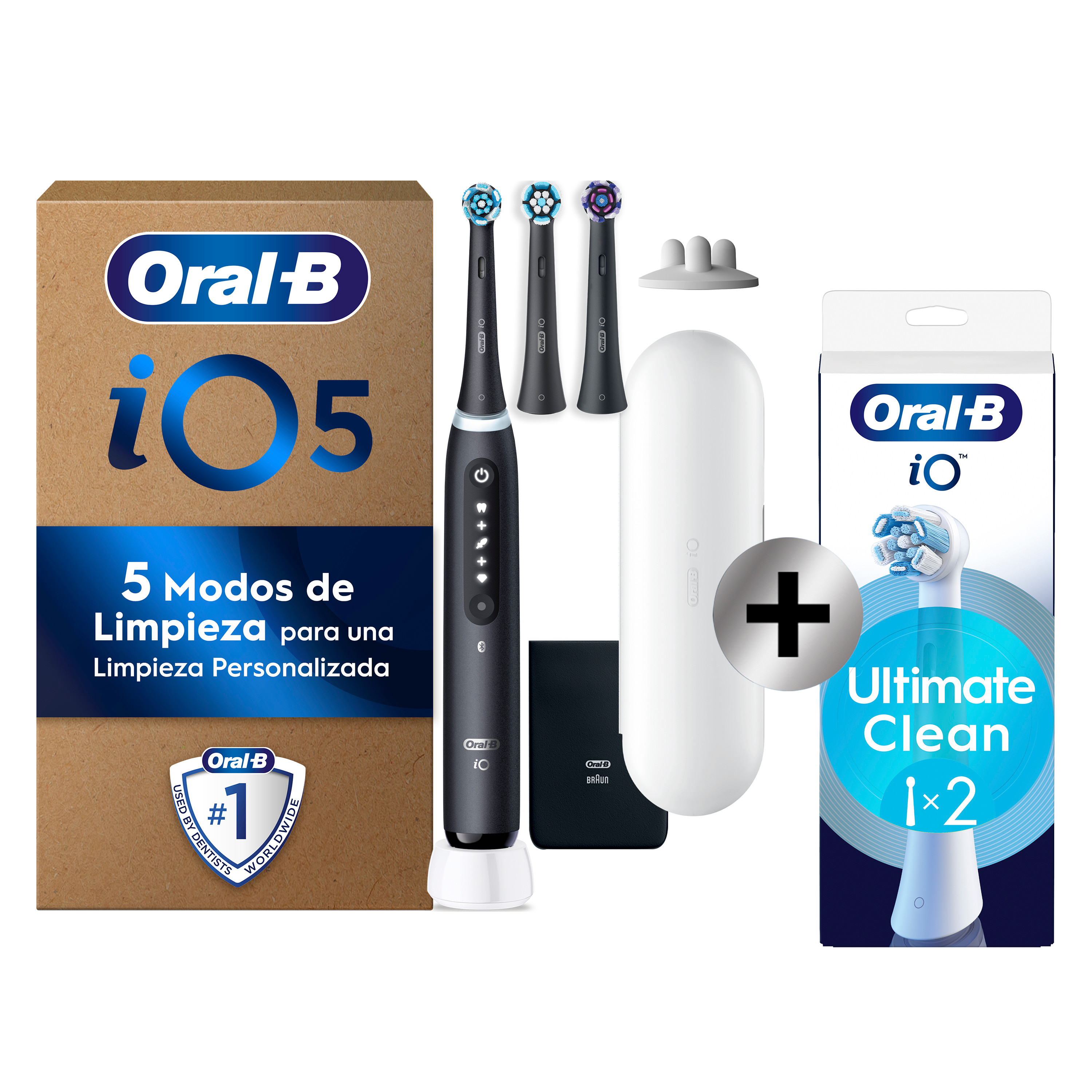 Oral-B iO 5 Pack de Cepillo Eléctrico Negro con 3+2 cabezales y estuche de viaje blanco