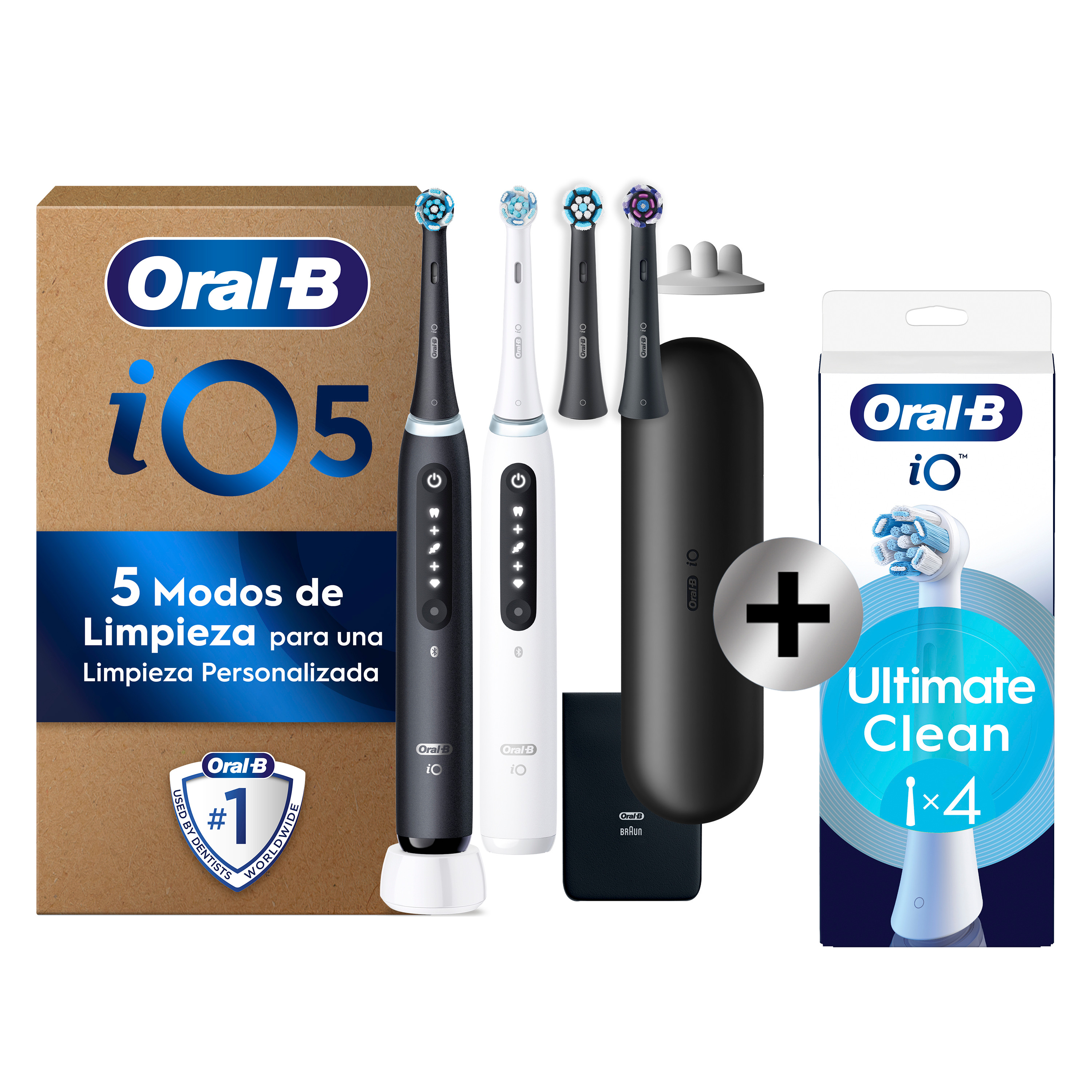 Oral-B iO 5 Pack Doble de Cepillos Eléctricos Blanco y Negro con 4+4 cabezales y estuche de viaje