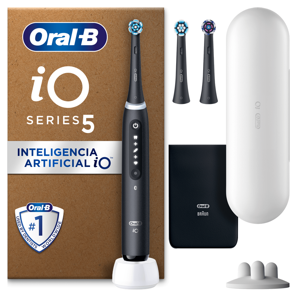 Oral-B iO 5  Pack de Cepillo Eléctrico Negro con 3 Cabezales y estuche de viaje blanco