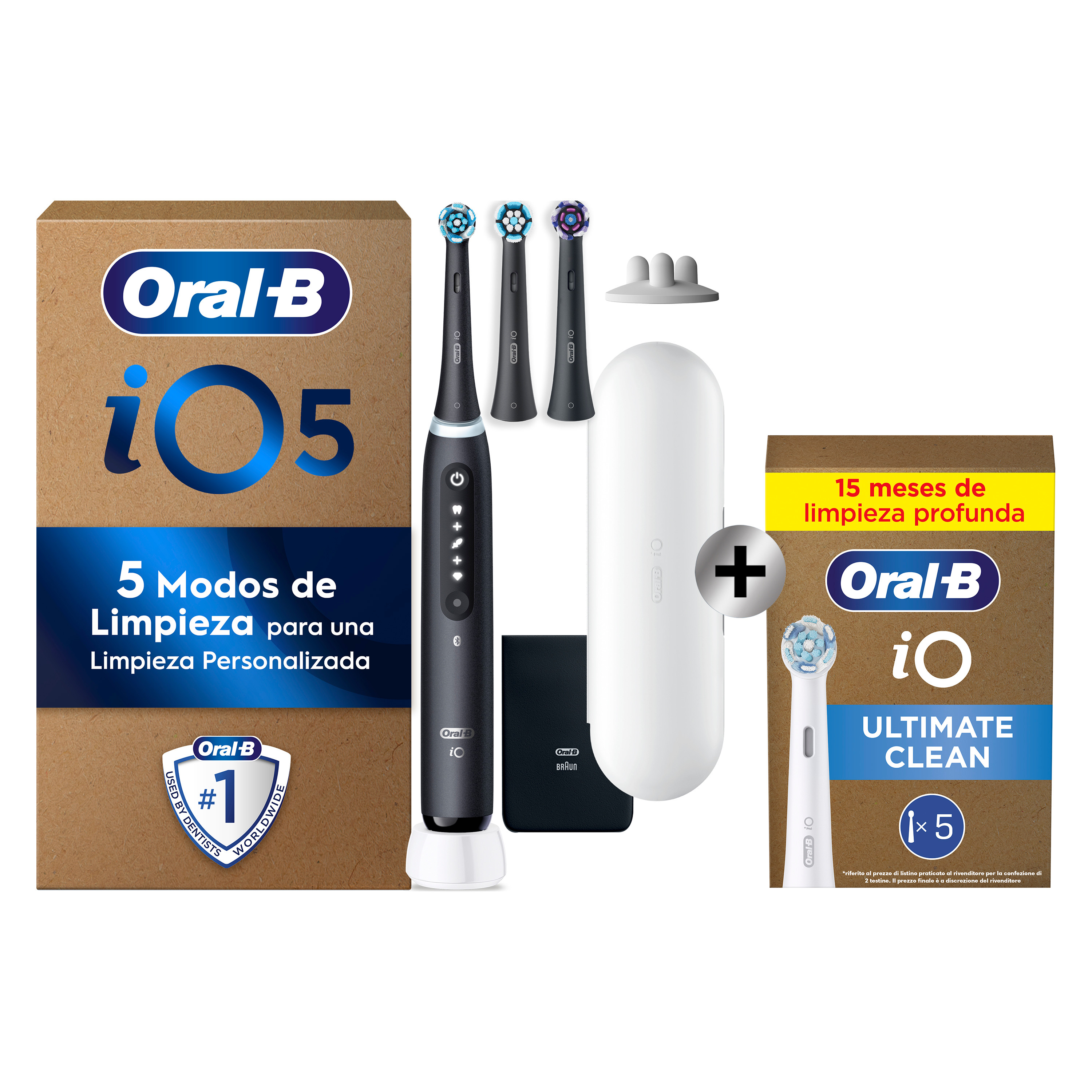 Oral-B iO 5 Pack de Cepillo Eléctrico Negro con 3+5 cabezales y estuche de viaje blanco