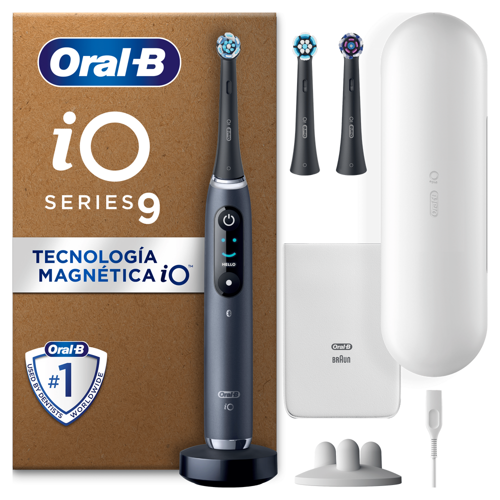 Oral-B iO 9 Pack de Cepillo Eléctrico Negro con 3 cabezales y cargador de viaje blanco