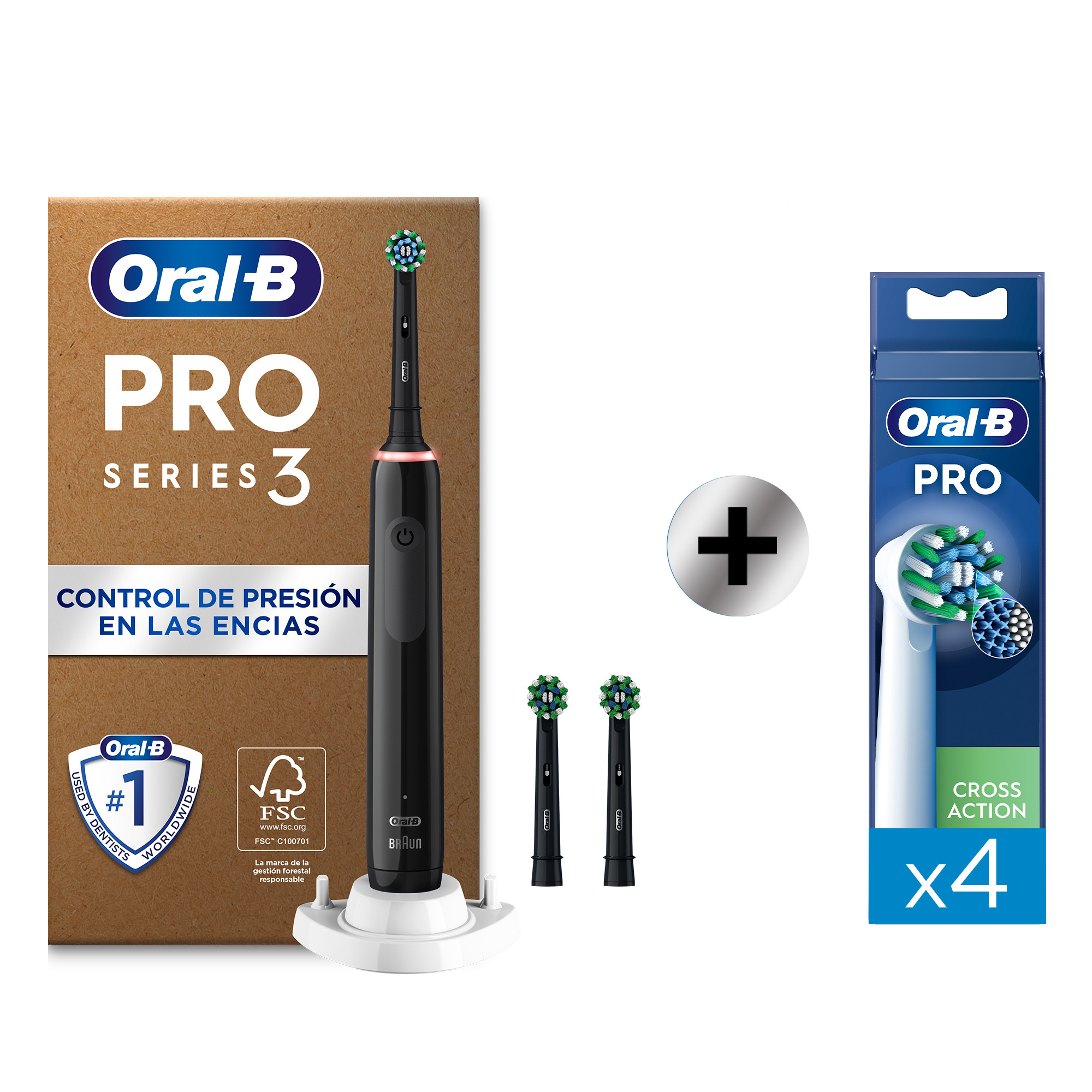 Oral-B Pro3 Pack de Cepillo Eléctrico Negro con 3 Recambios + 4 Recambios