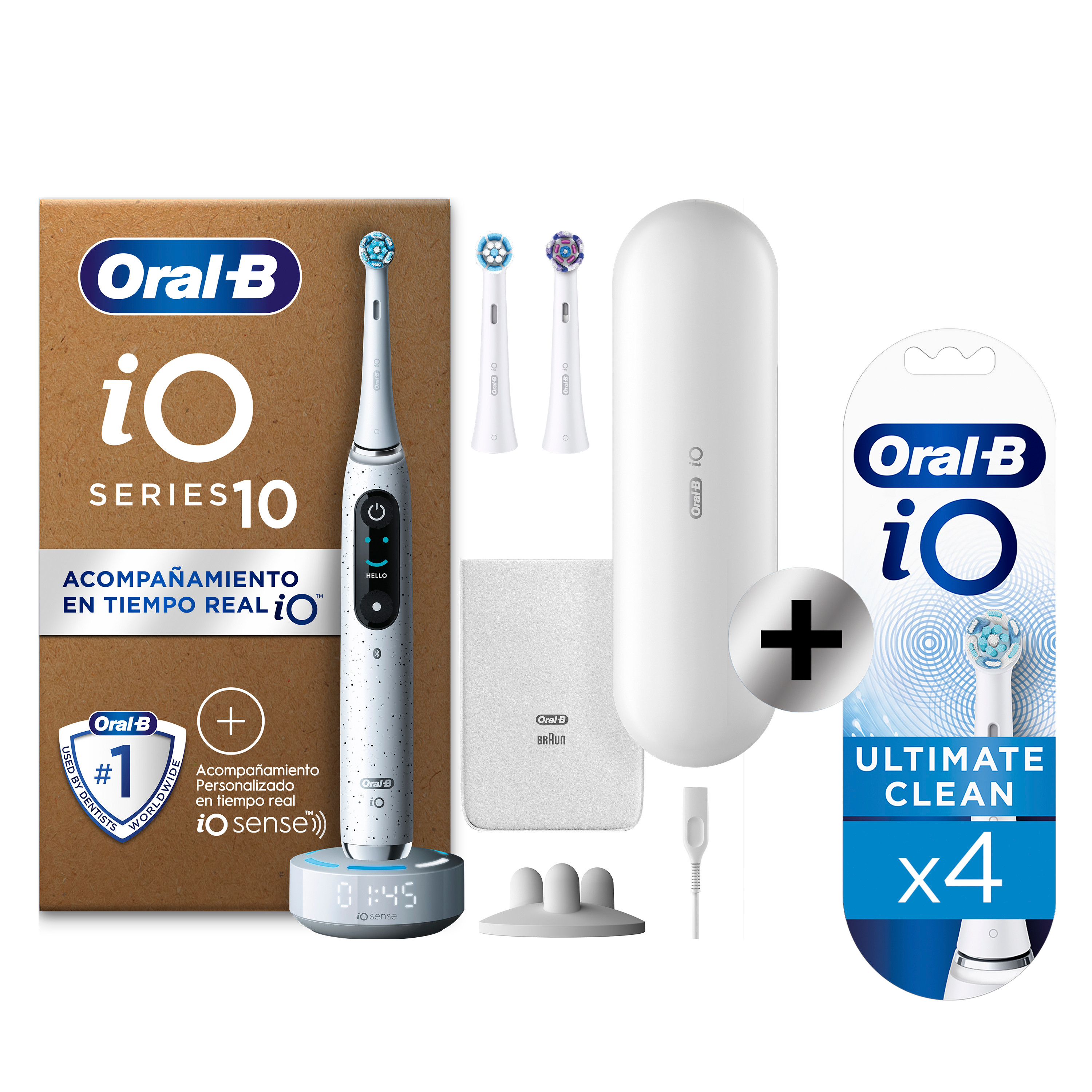 Oral-B iO 10 Pack de Cepillo Eléctrico Blanco con 3 +4 Recambios y cargador de viaje