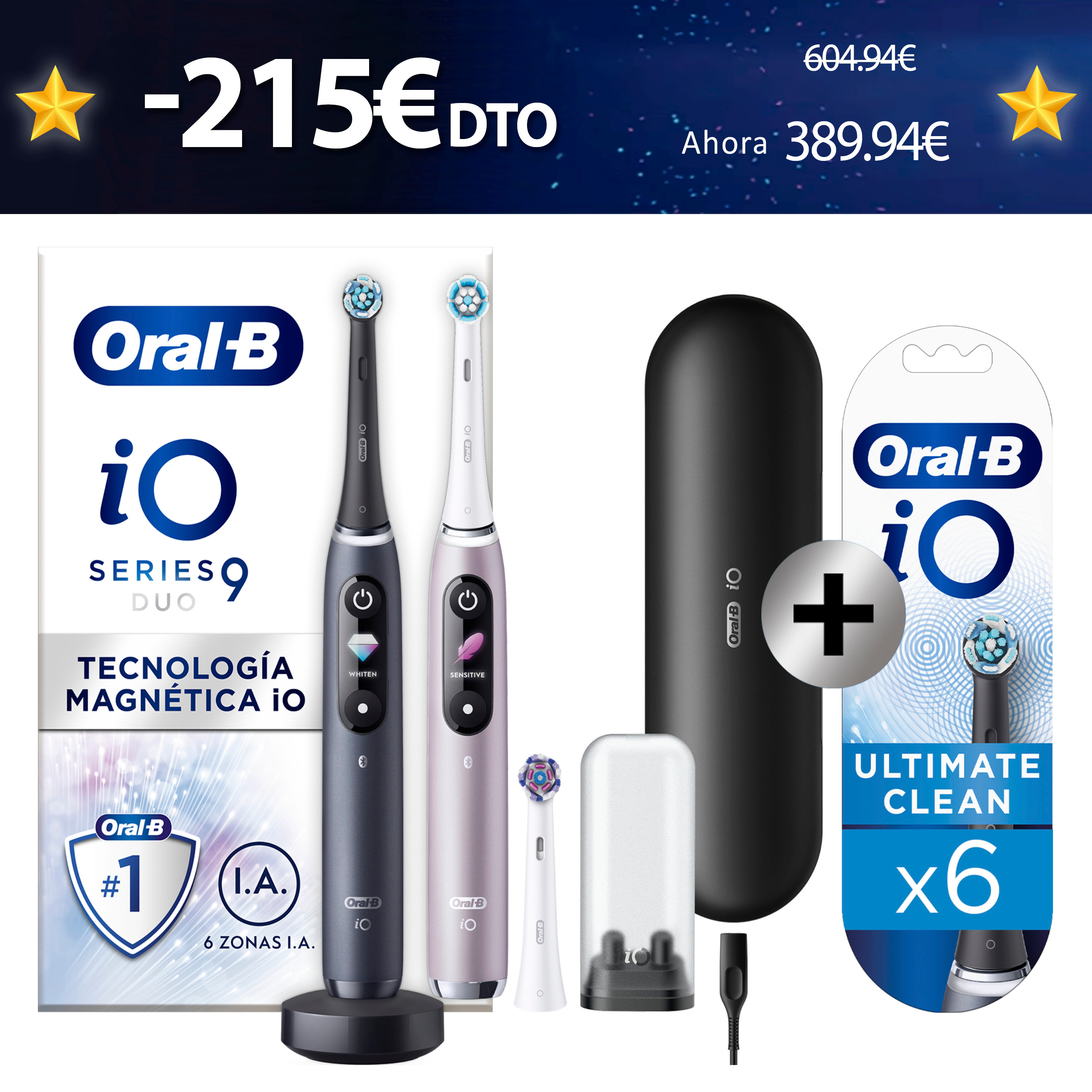 Oral-B iO 9 Pack dúo de Cepillos Eléctricos  negro y rosa con 3 Recambios