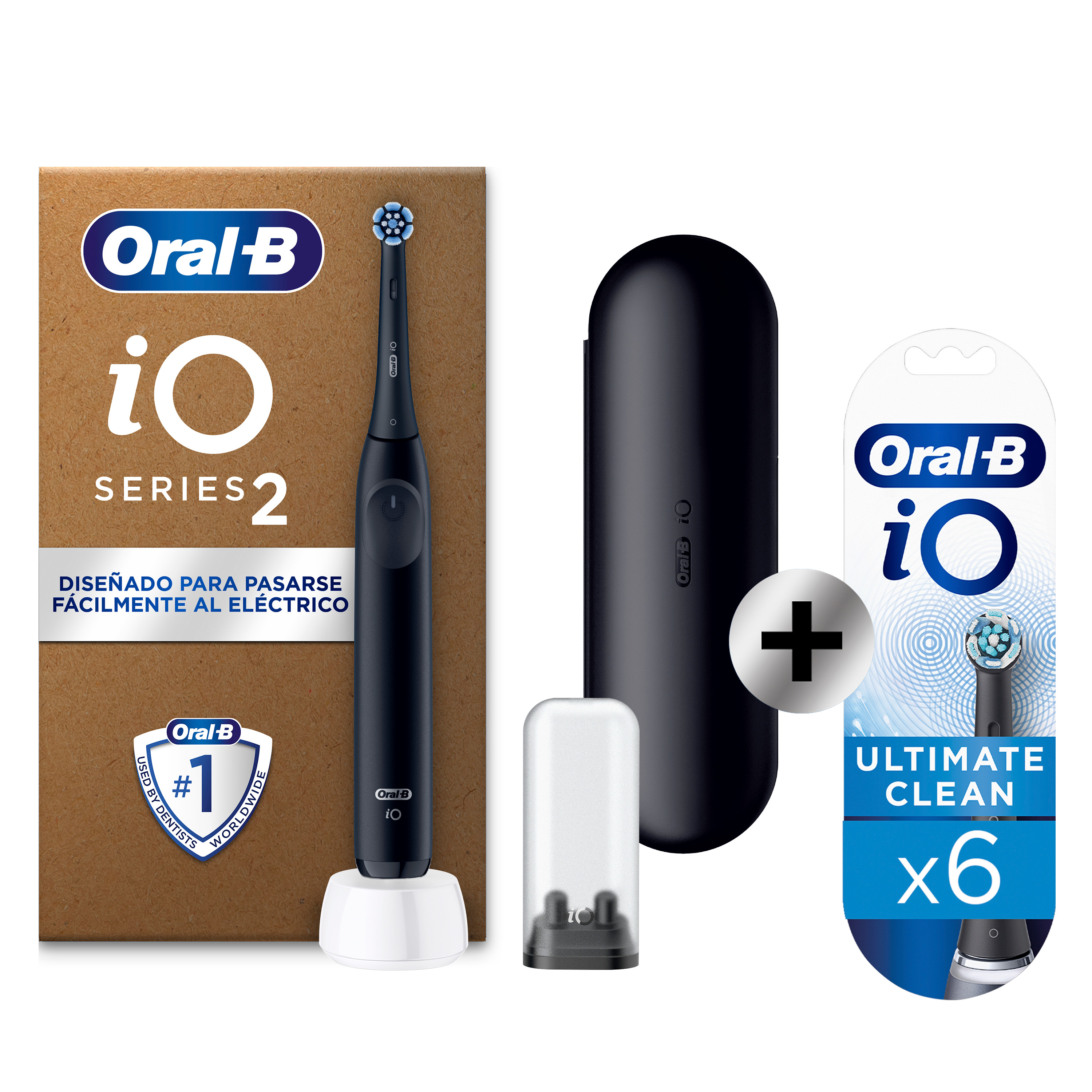 Oral-B iO 2 Pack de Cepillo Eléctrico Negro con 1+6 recambios y funda de viaje