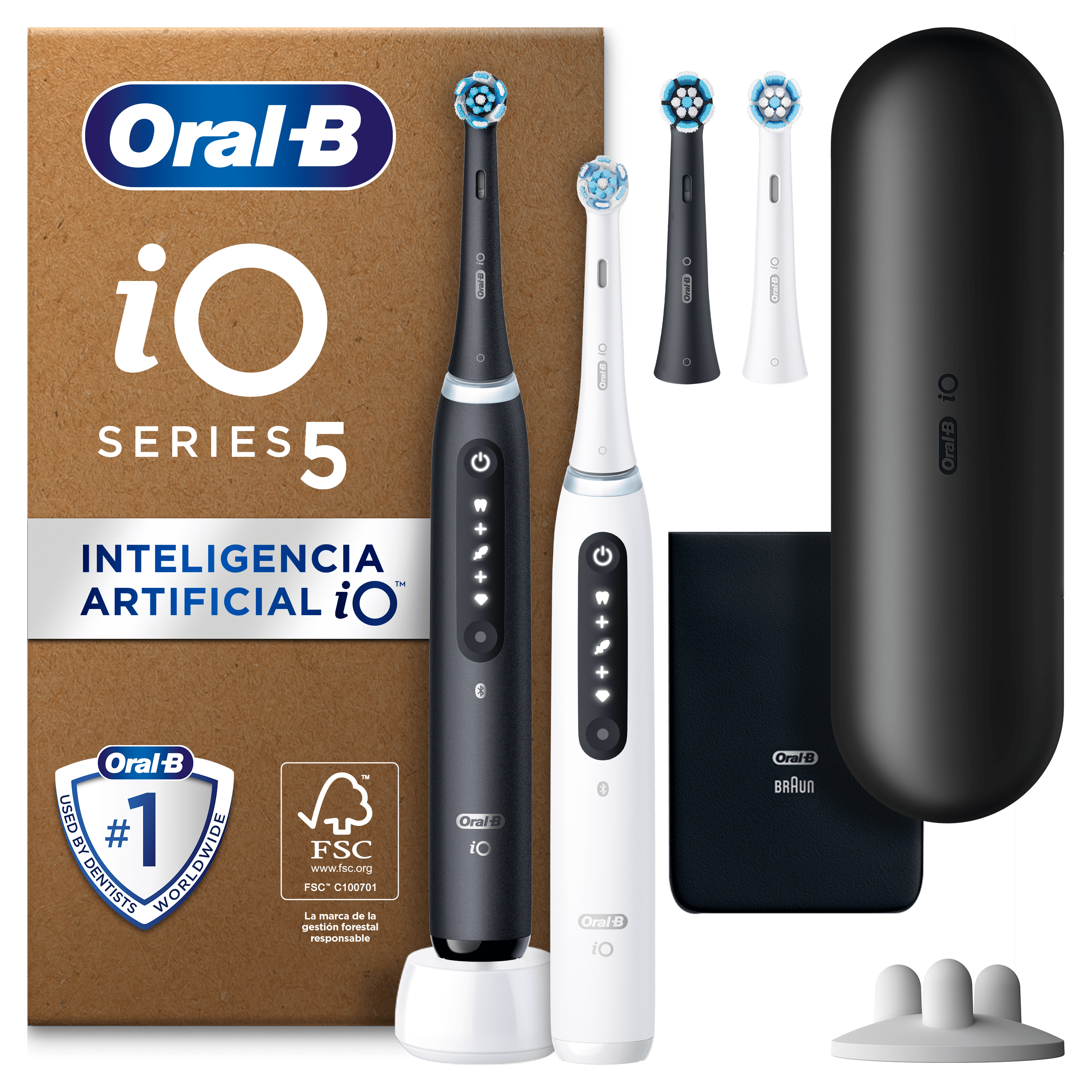 Oral-B iO 5 Pack de Pack Doble de Cepillos Eléctricos Blanco y Negro con 4 Recambios