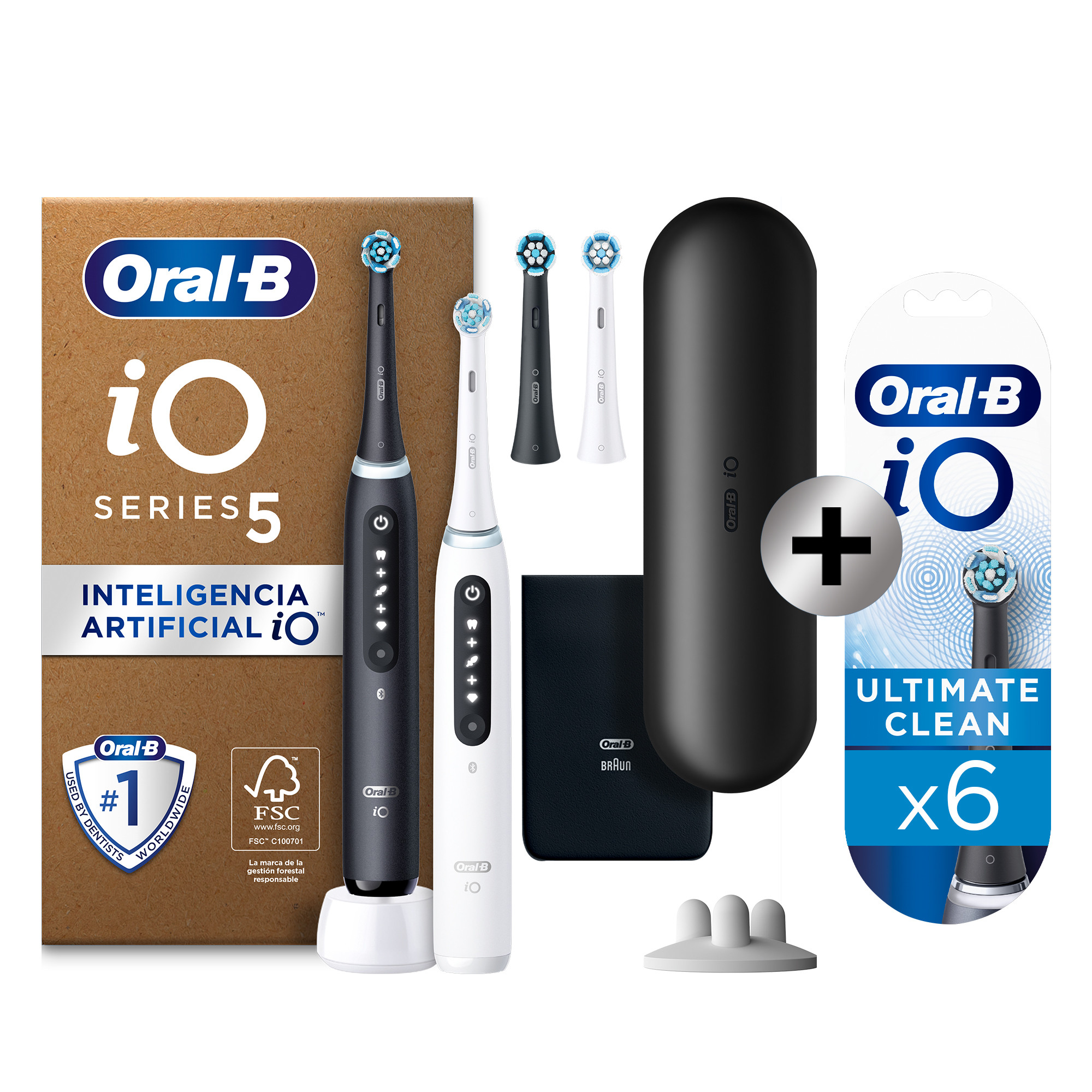 Oral-B iO 5 Pack Doble de Cepillos Eléctricos Blanco y Negro con 4 + 6 Recambios