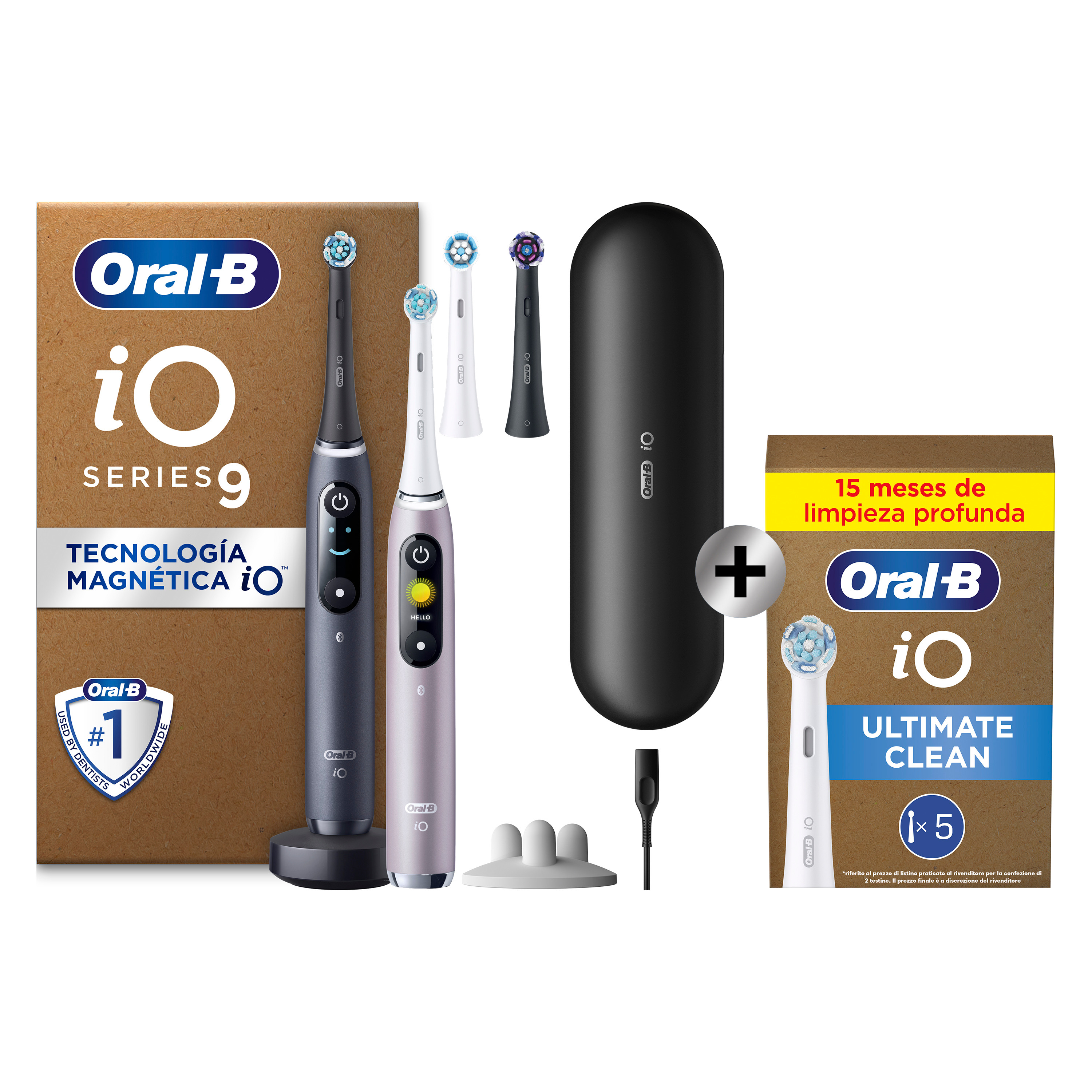 Oral-B iO 9 Pack Doble de Cepillos Eléctricos Negro y Rosa con 4+5 cabezales y cargador de viaje