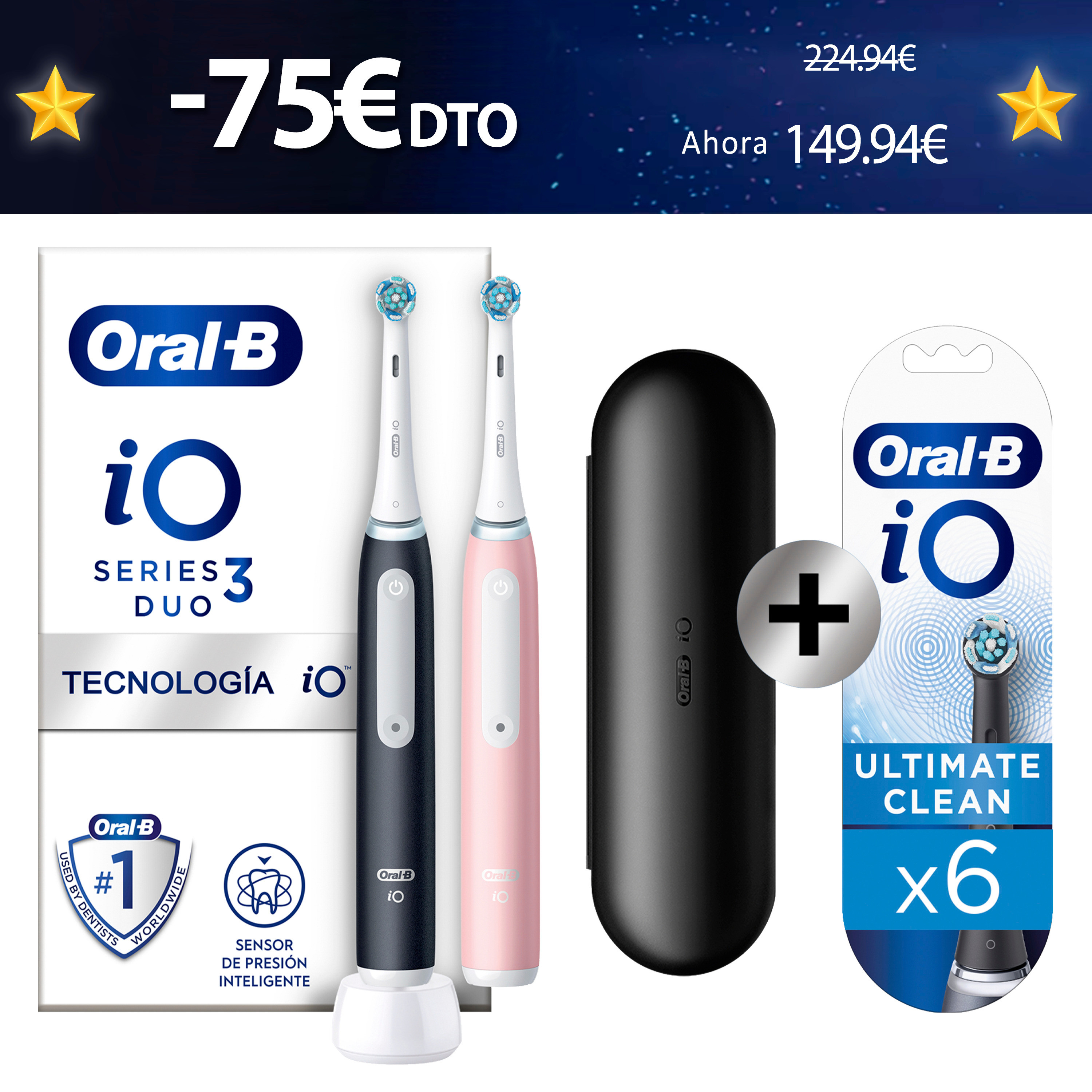 Oral-B iO 3 Pack dúo de Cepillos Eléctricos negro y rosa con 2 Recambios