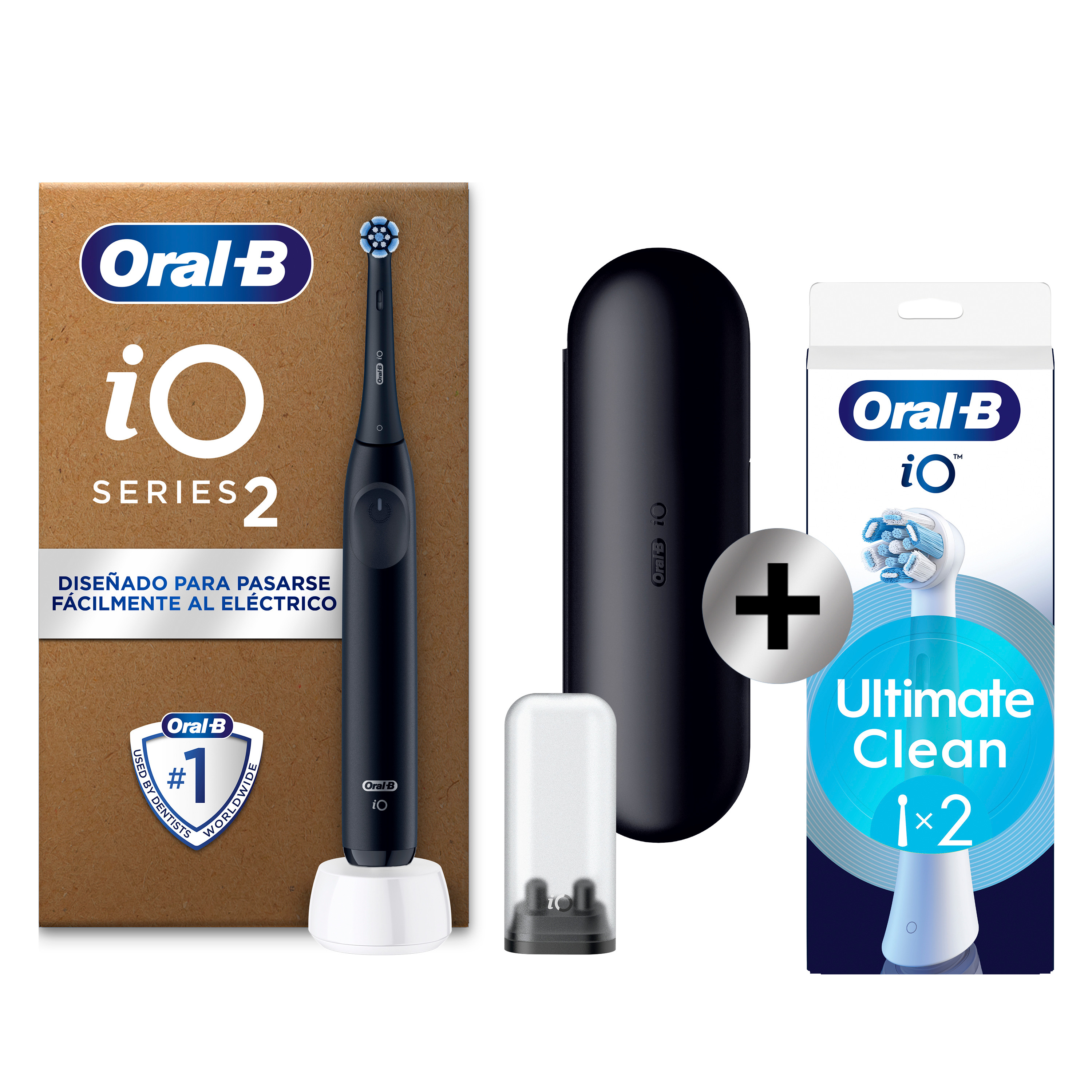 Oral-B iO 2 Pack de Cepillo Eléctrico Negro con 1+2 recambios y funda de viaje