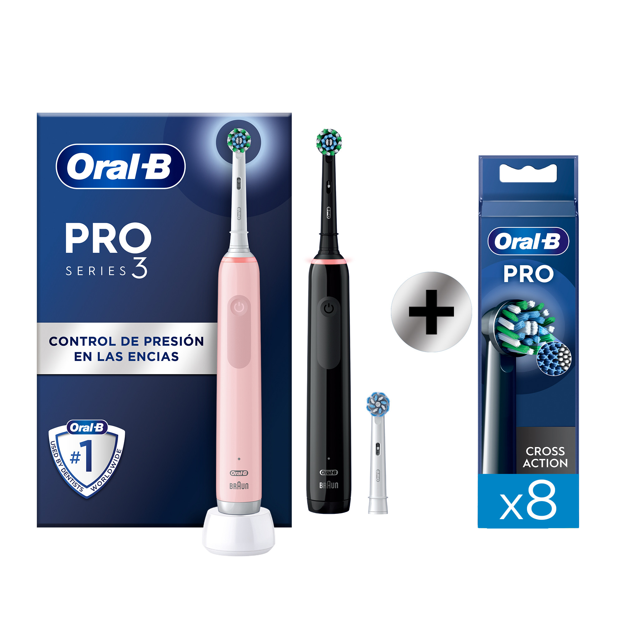 Oral-B Pro 3 Pack Doble de Cepillos Eléctricos Rosa y Negro con 3 + 8 Recambios
