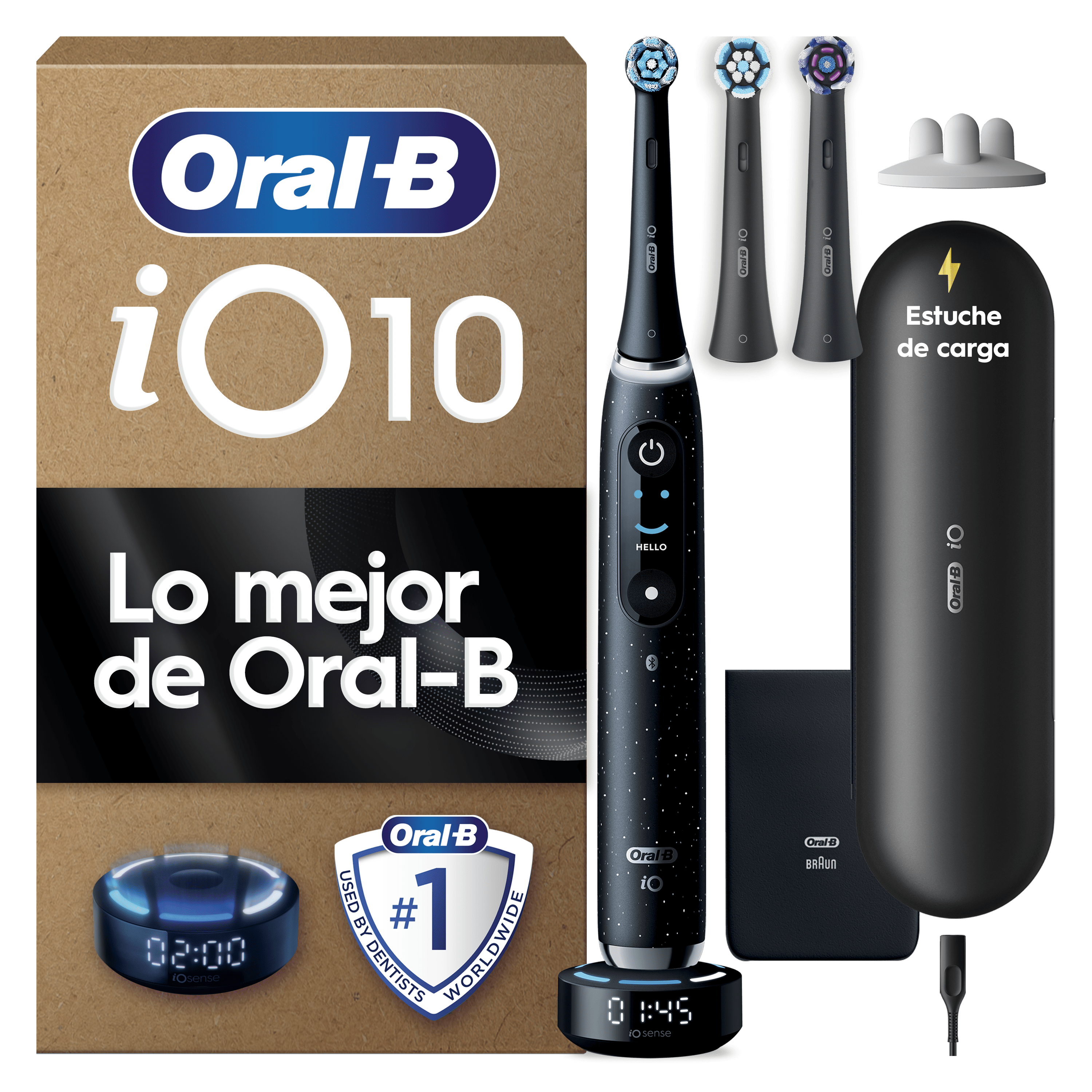 Oral-B iO 10 Pack de Cepillo Eléctrico Negro con 3 cabezales y cargador de viaje