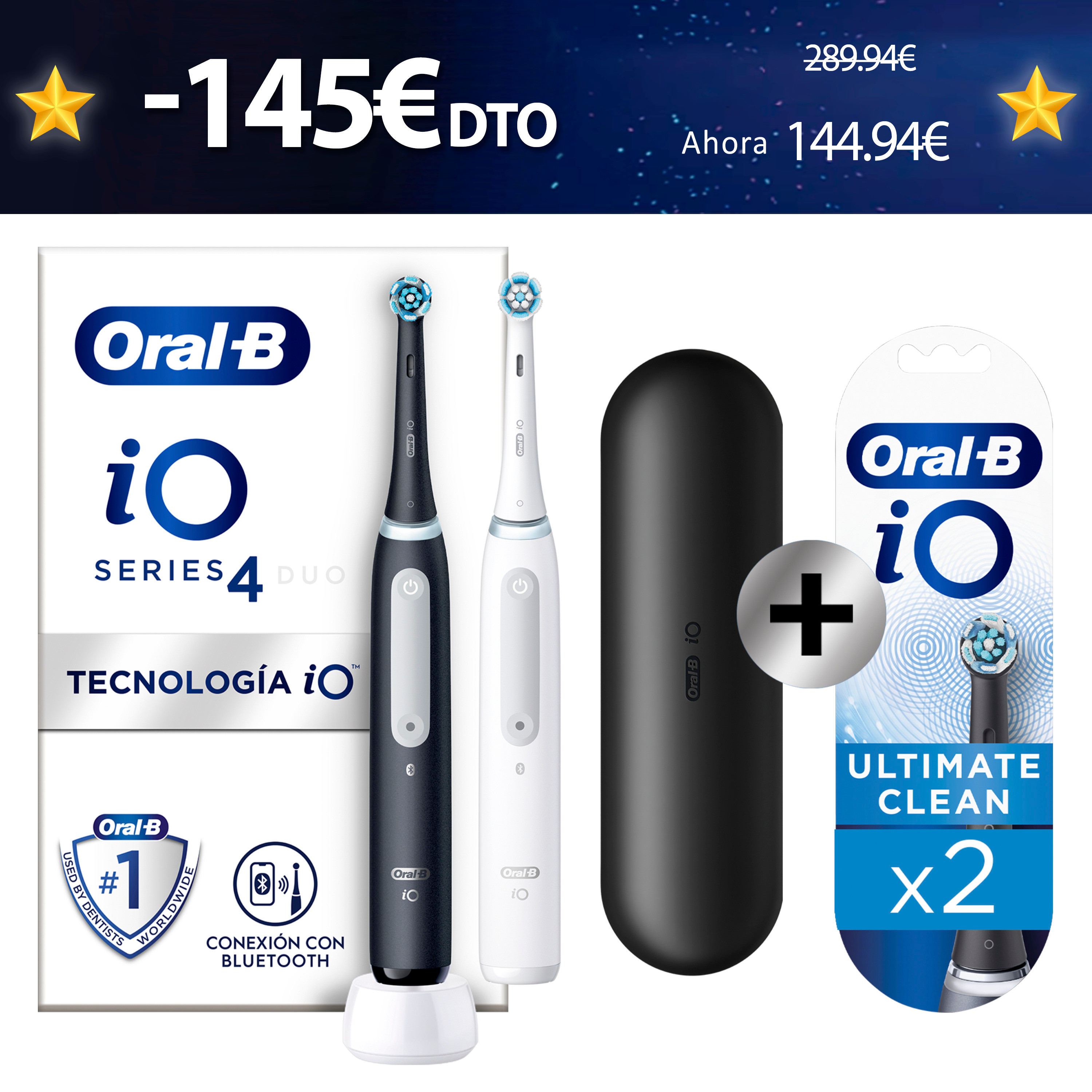 Oral-B iO 4 Pack dúo de Cepillos Eléctricos blanco y negro con 2 &plus; 2 Recambios