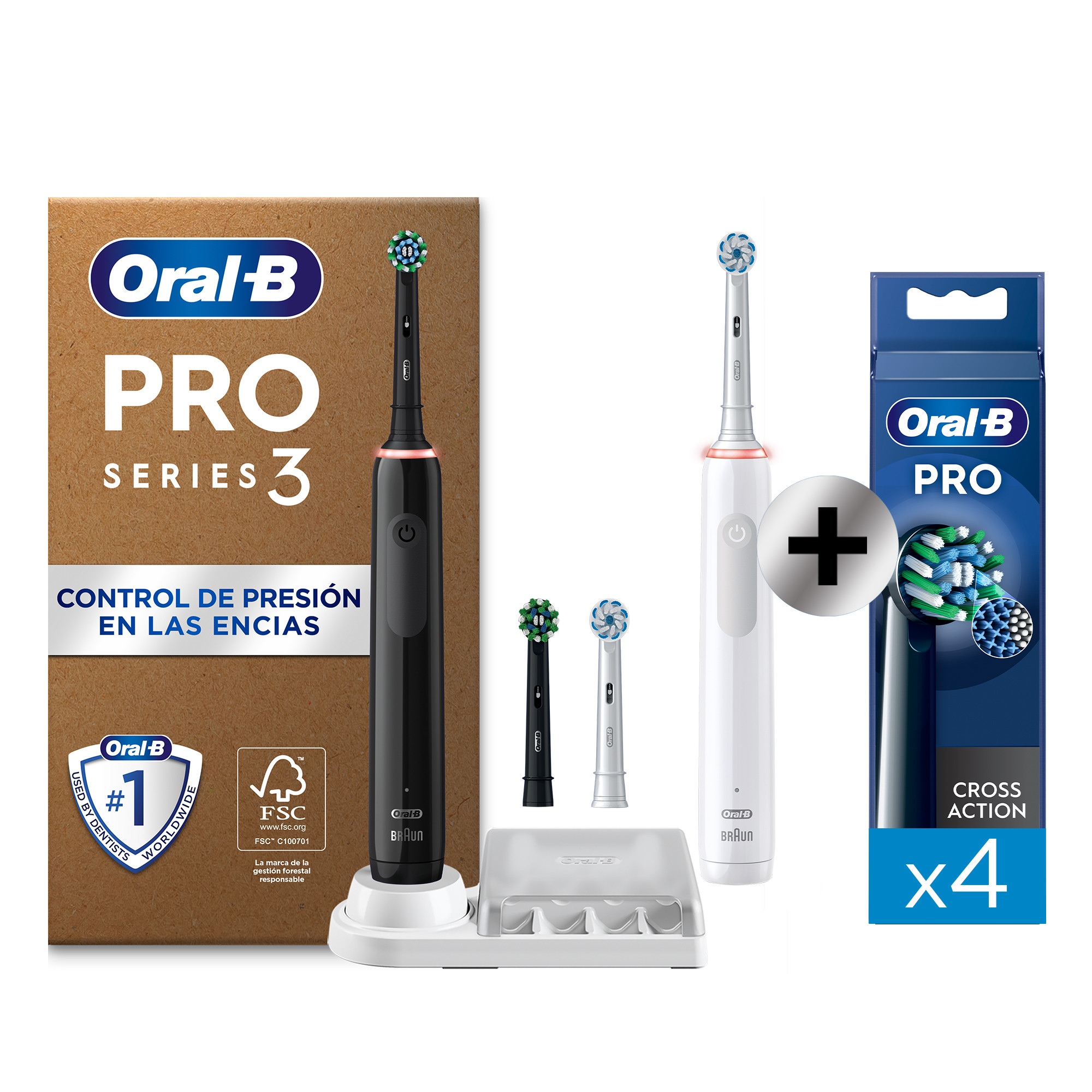 Oral-B Pro3 Pack Doble de Cepillos Eléctricos Negro y Blanco con 4 + 4 Recambios