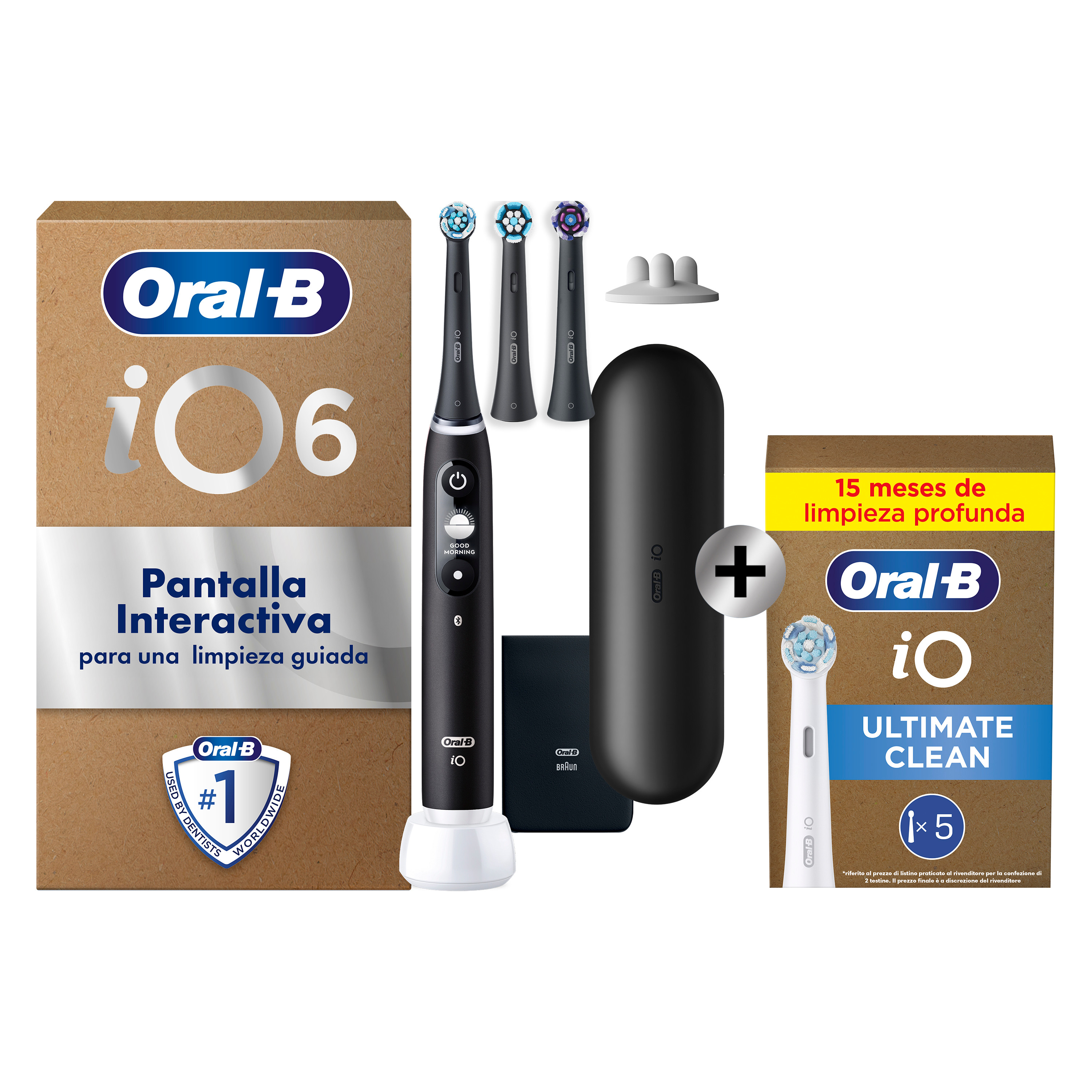 Oral-B iO 6 Pack de Cepillo Eléctrico Negro con 3+5 cabezales y estuche de viaje