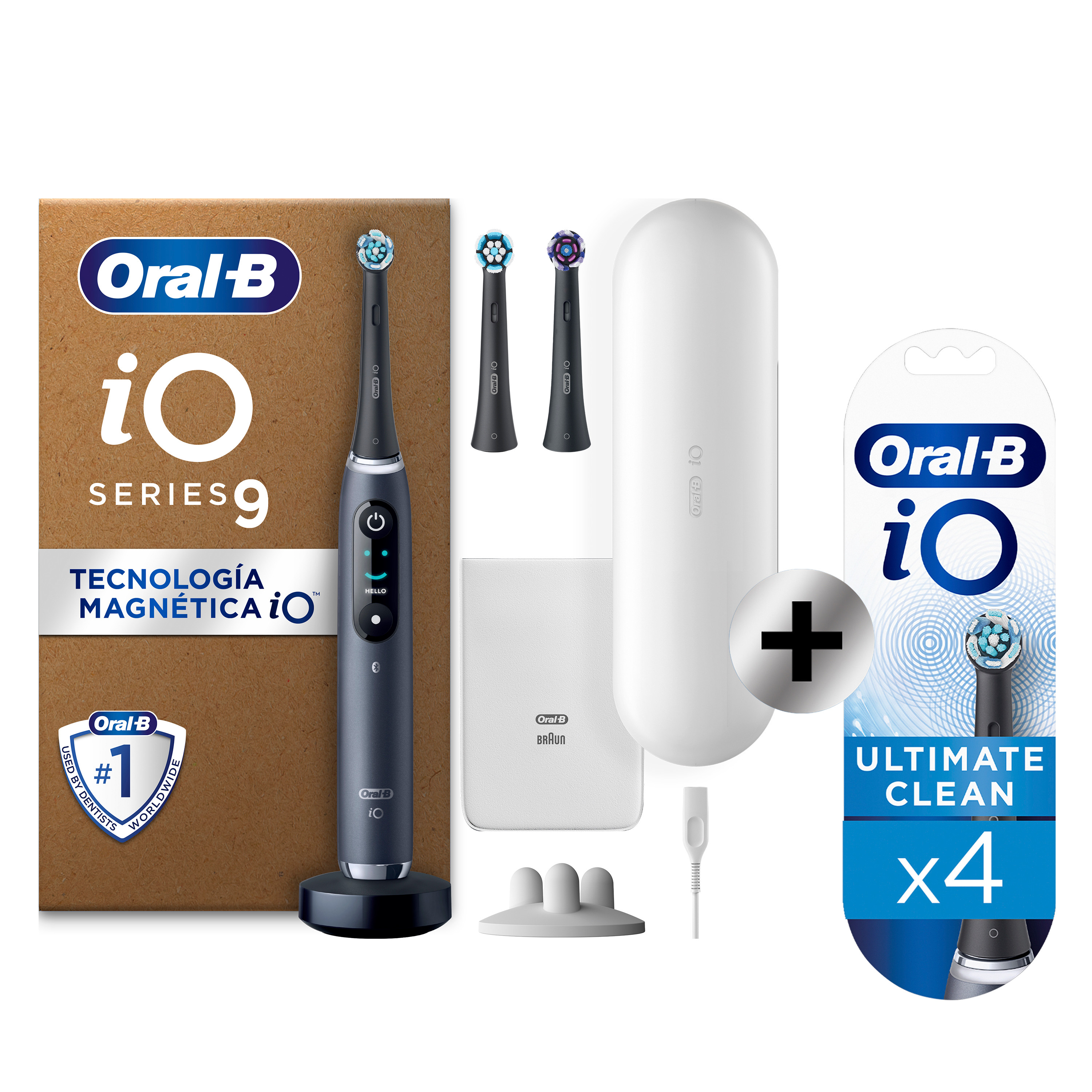 Oral-B iO 9 Pack de Cepillo Eléctrico Negro con 3+4 Recambios y cargador de viaje blanco