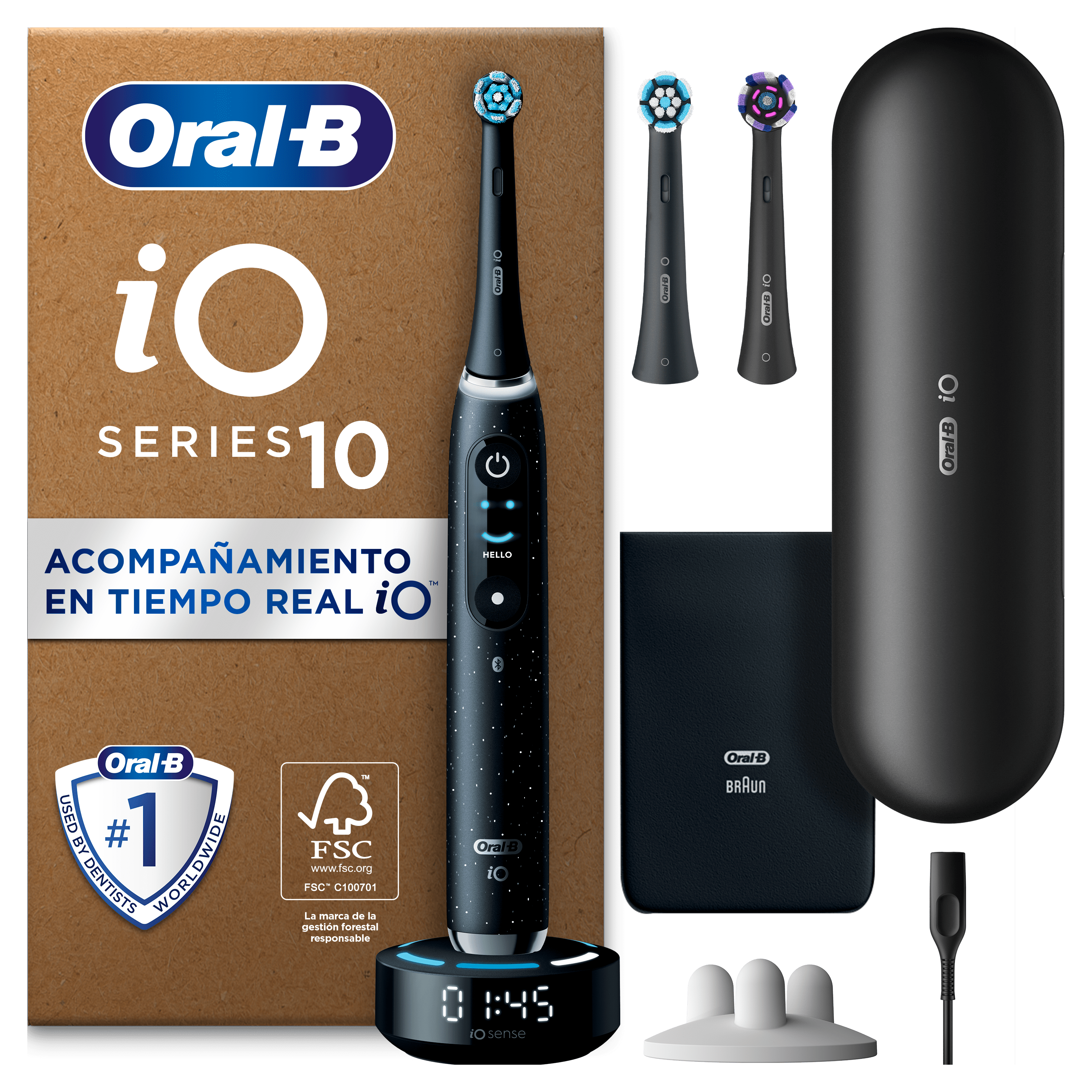 Oral-B iO 10 Pack de Cepillo Eléctrico Negro con 3 cabezales y cargador de viaje