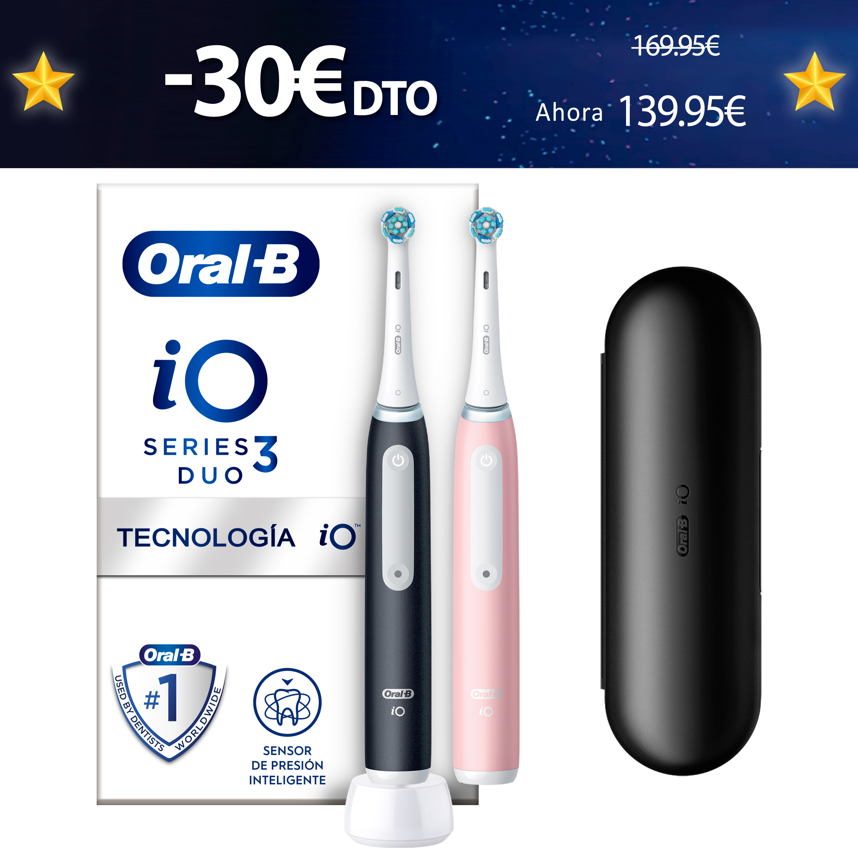 Oral-B iO 3 Pack dúo de Cepillos Eléctricos negro y rosa con 2 Recambios