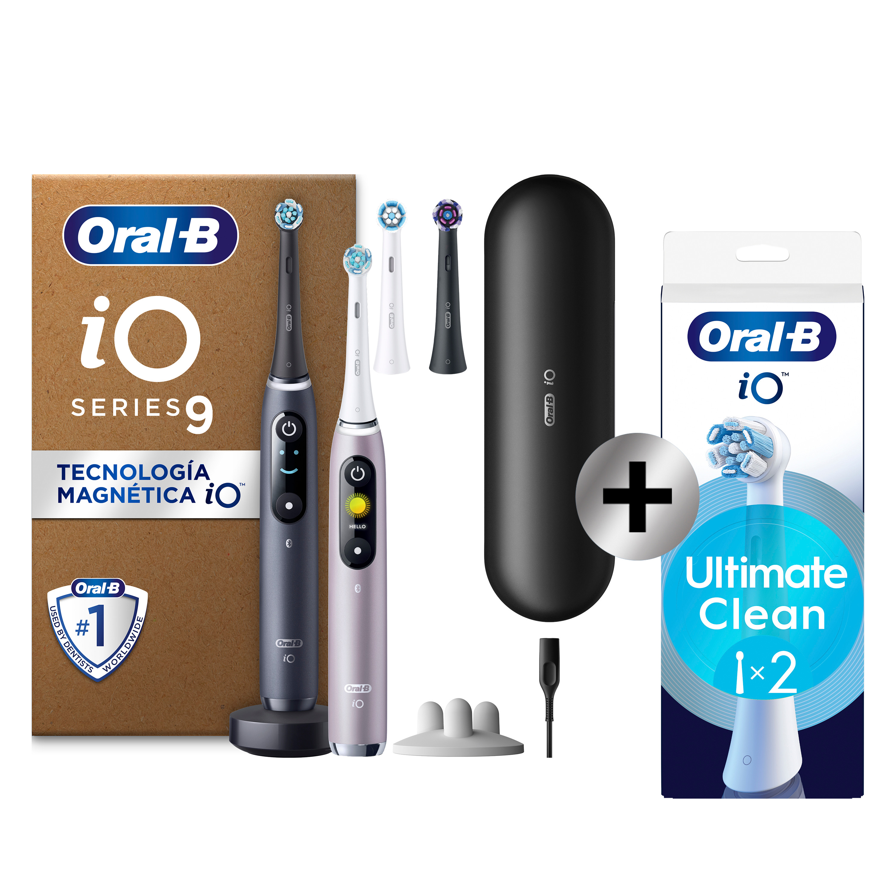 Oral-B iO 9 Pack Doble de Cepillos Eléctricos Negro y Rosa con 4+2 recambios y cargador de viaje