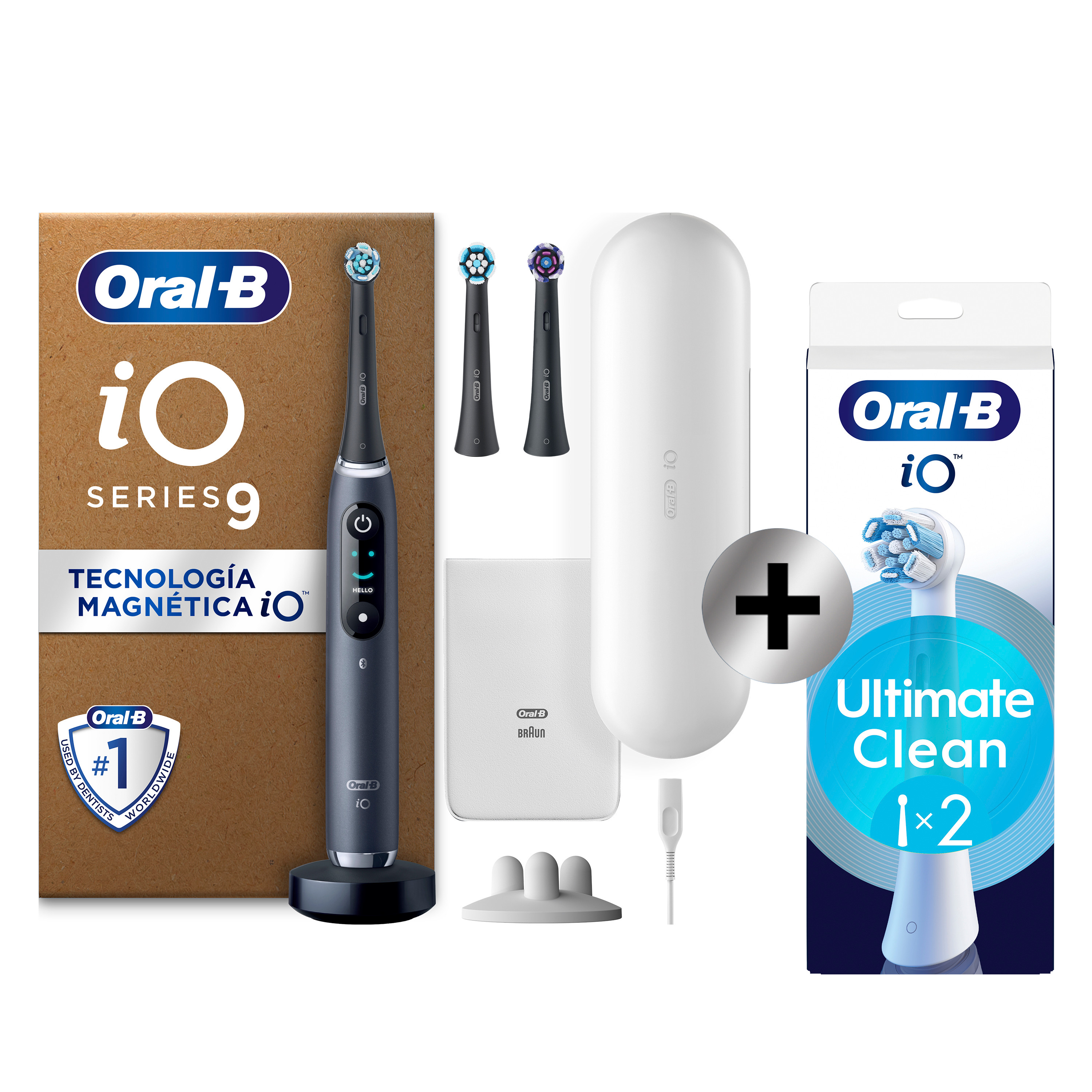 Oral-B iO 9 Pack de Cepillo Eléctrico Negro con 3+2 Recambios y cargador de viaje blanco