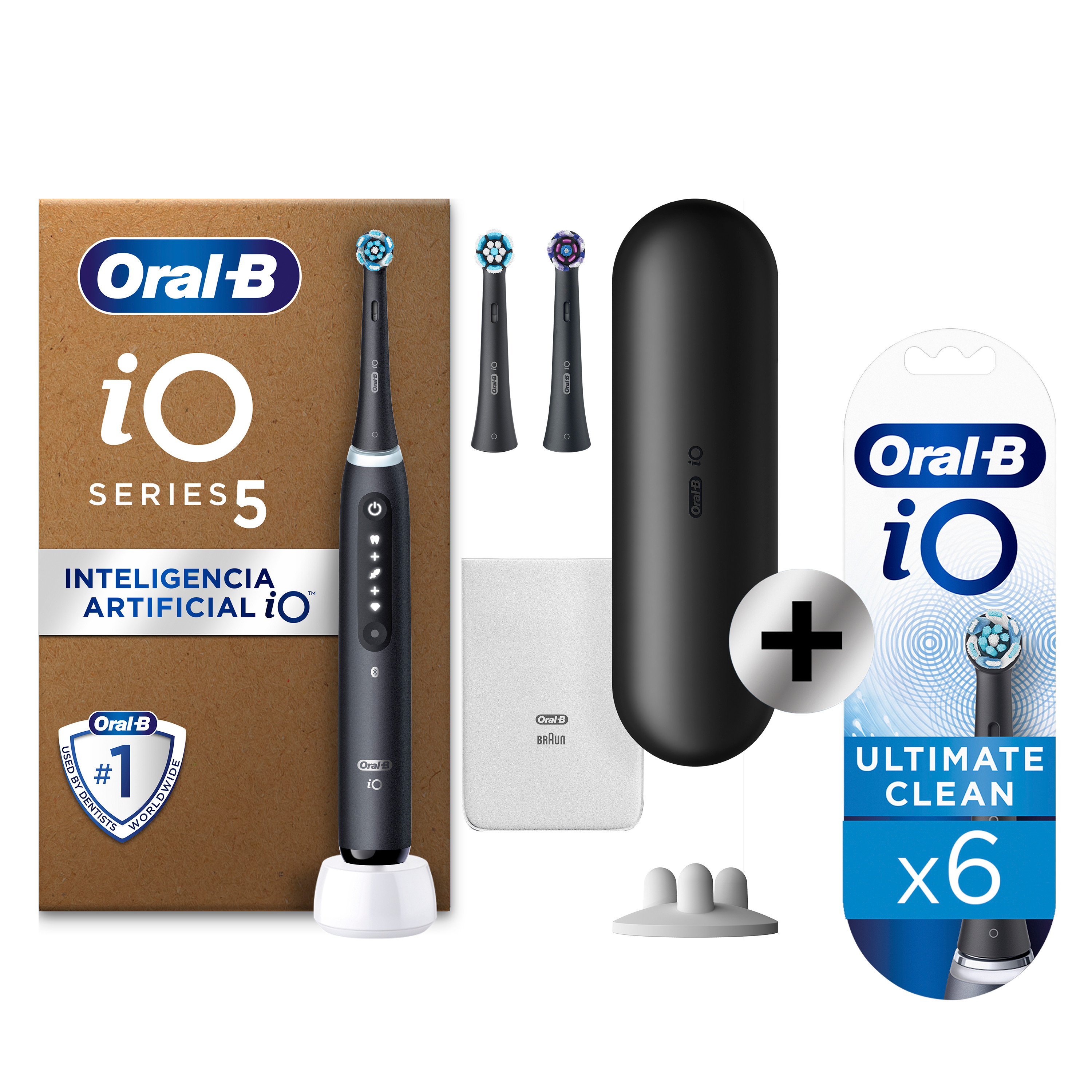 Oral-B iO 5  Pack de Cepillo Eléctrico Negro con 3+6 Recambios y estuche de viaje negro