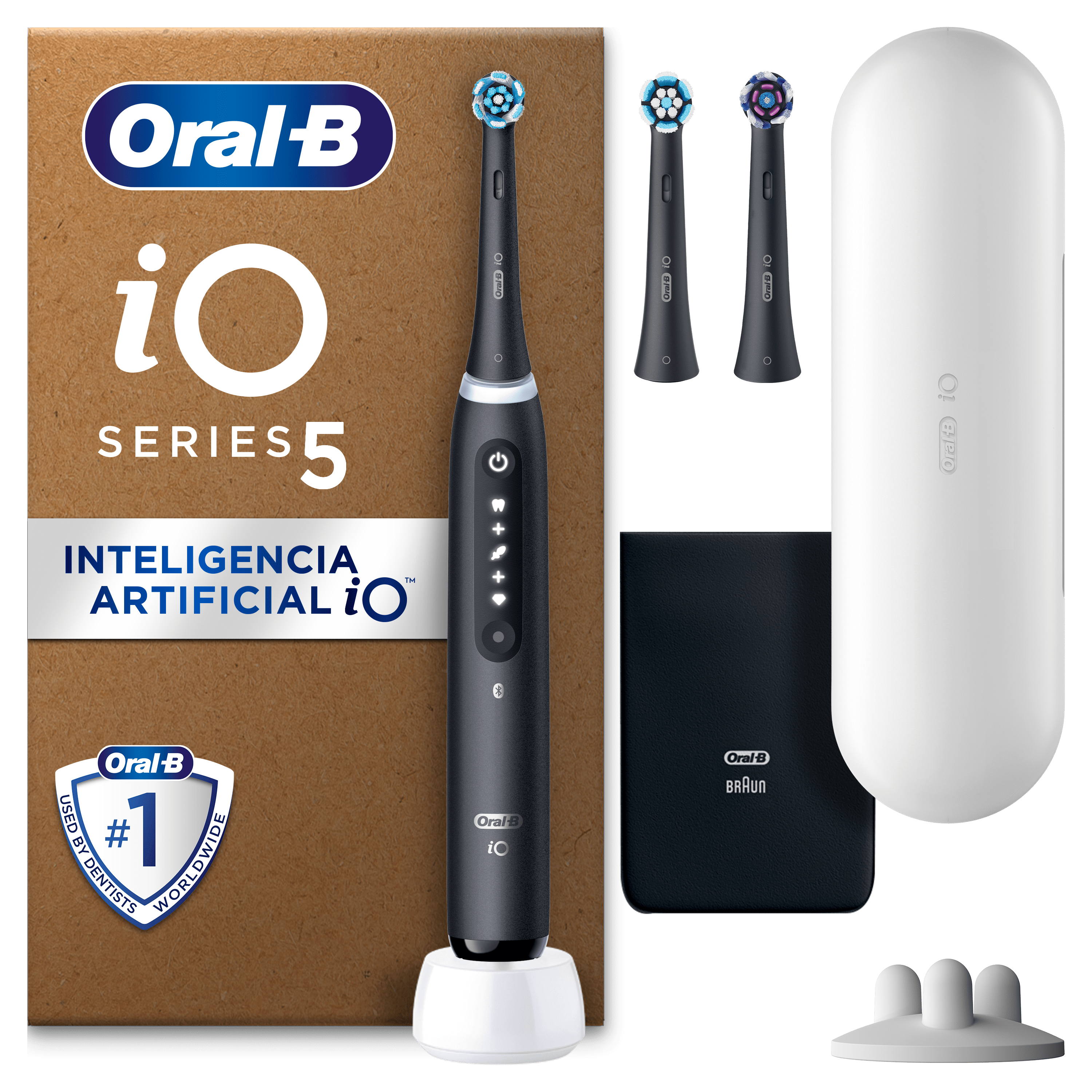 Oral-B iO 5 Pack de Cepillo Eléctrico Negro con 3 cabezales y estuche de viaje blanco