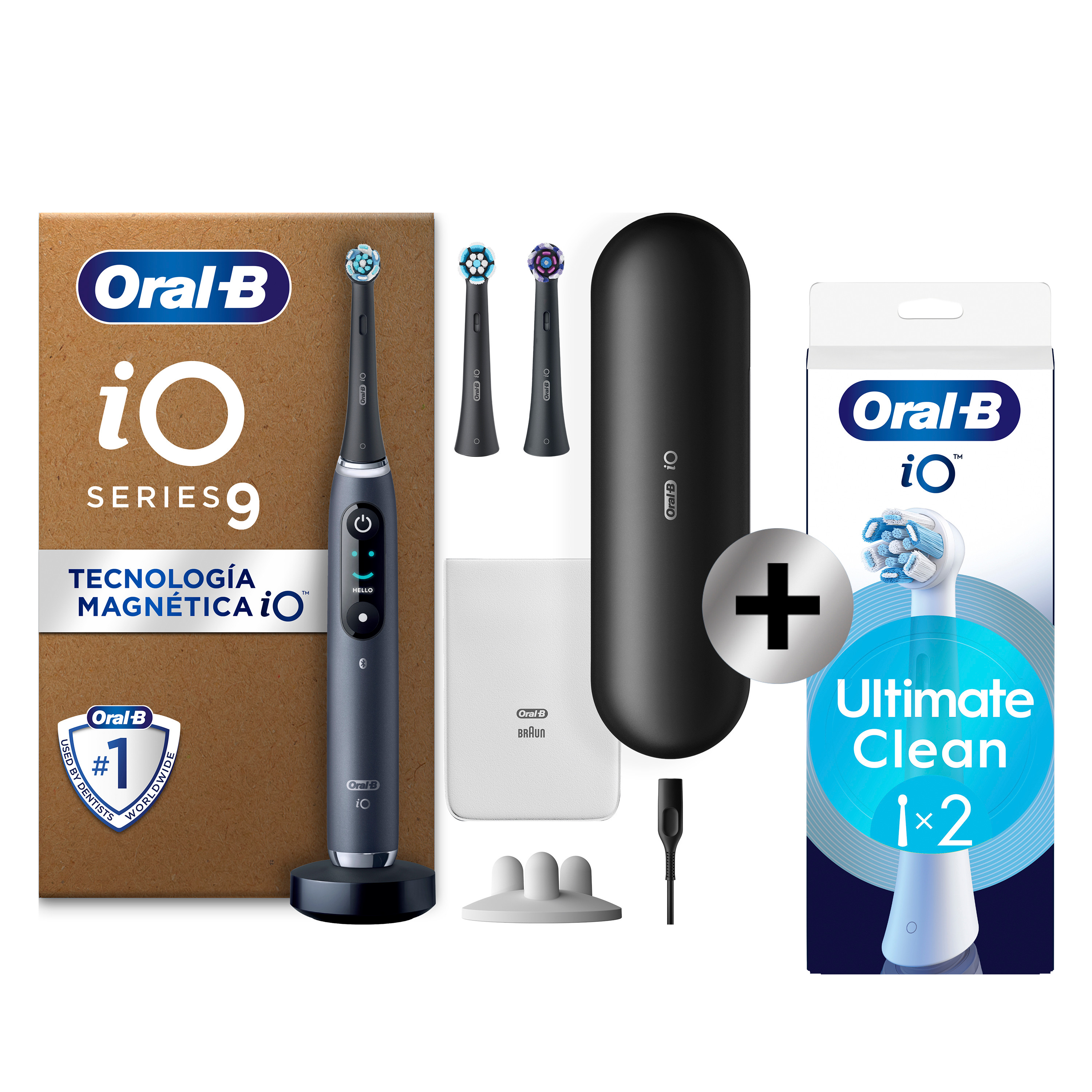 Oral-B iO 9 Pack de Cepillo Eléctrico Negro con 3+2 Recambios y cargador de viaje negro