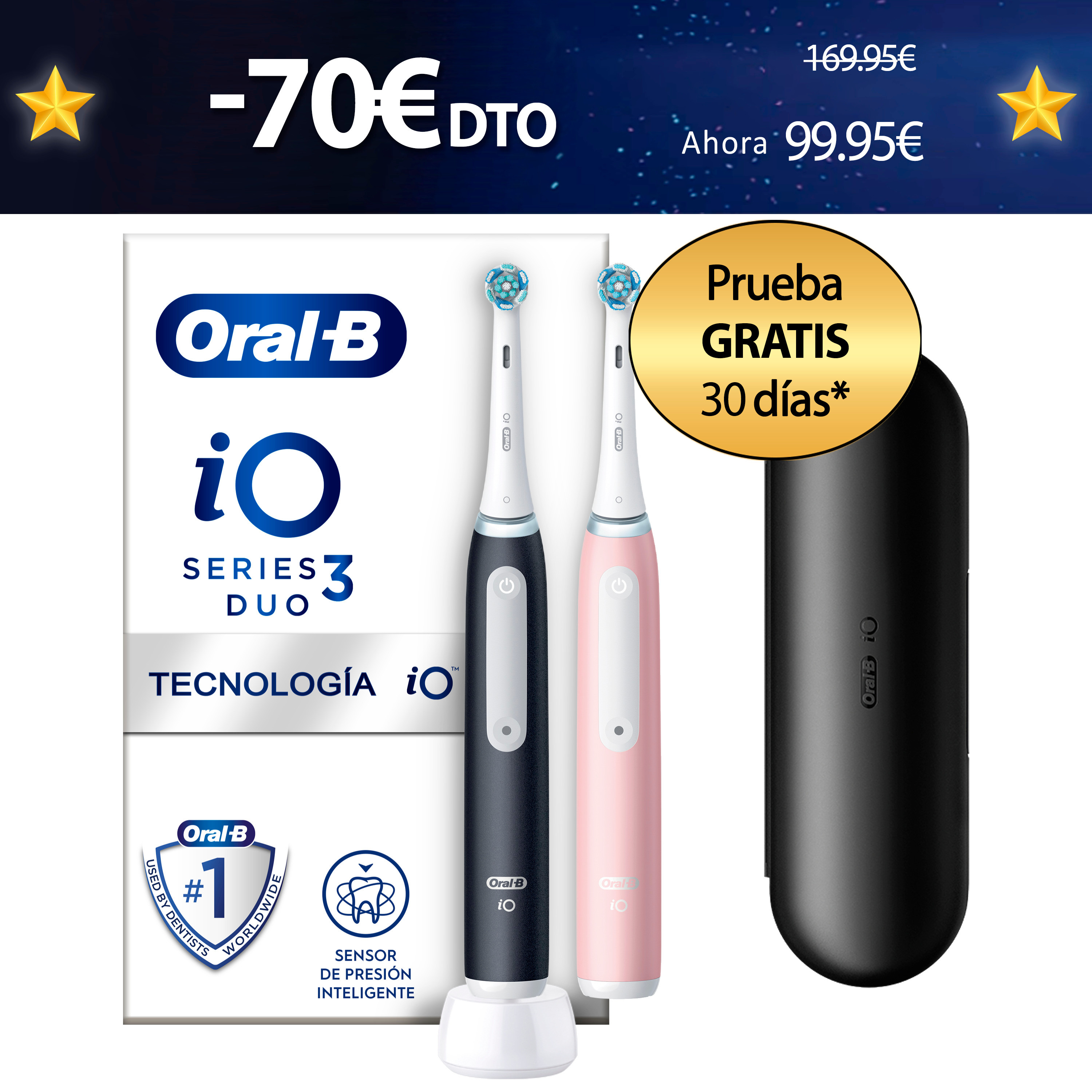 Oral-B iO 3 Pack dúo de Cepillos Eléctricos negro y rosa con 2 Recambios