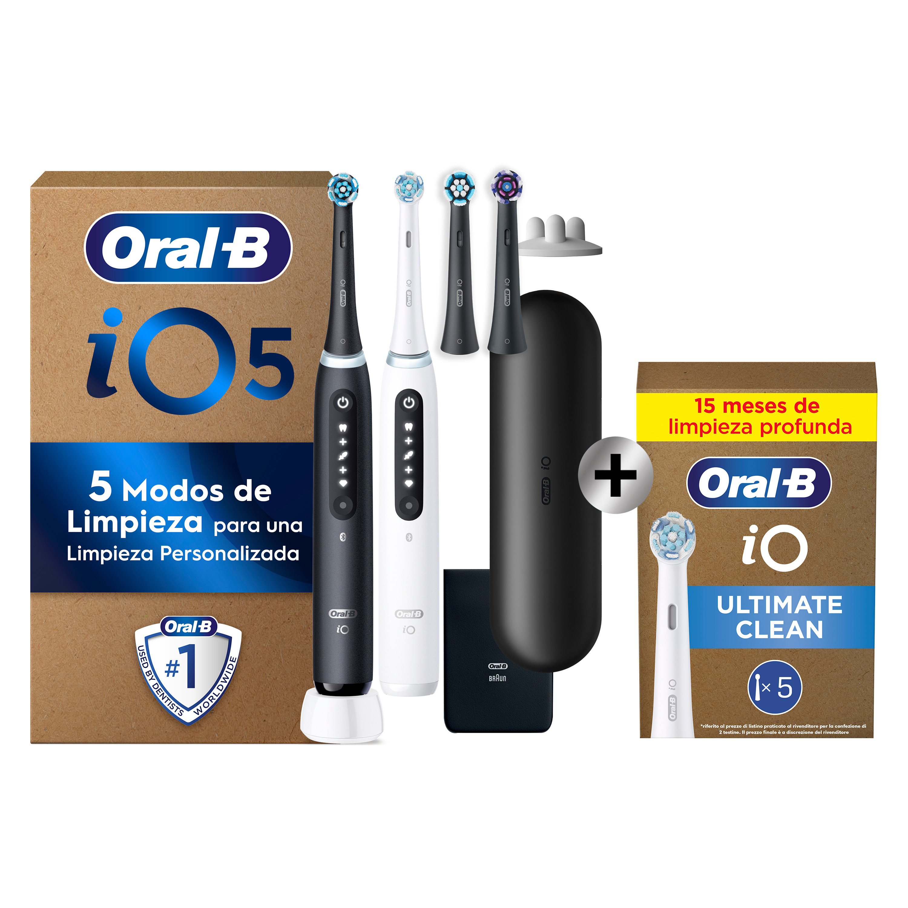 Oral-B iO 5 Pack Doble de Cepillos Eléctricos Blanco y Negro con 4+5 cabezales y estuche de viaje