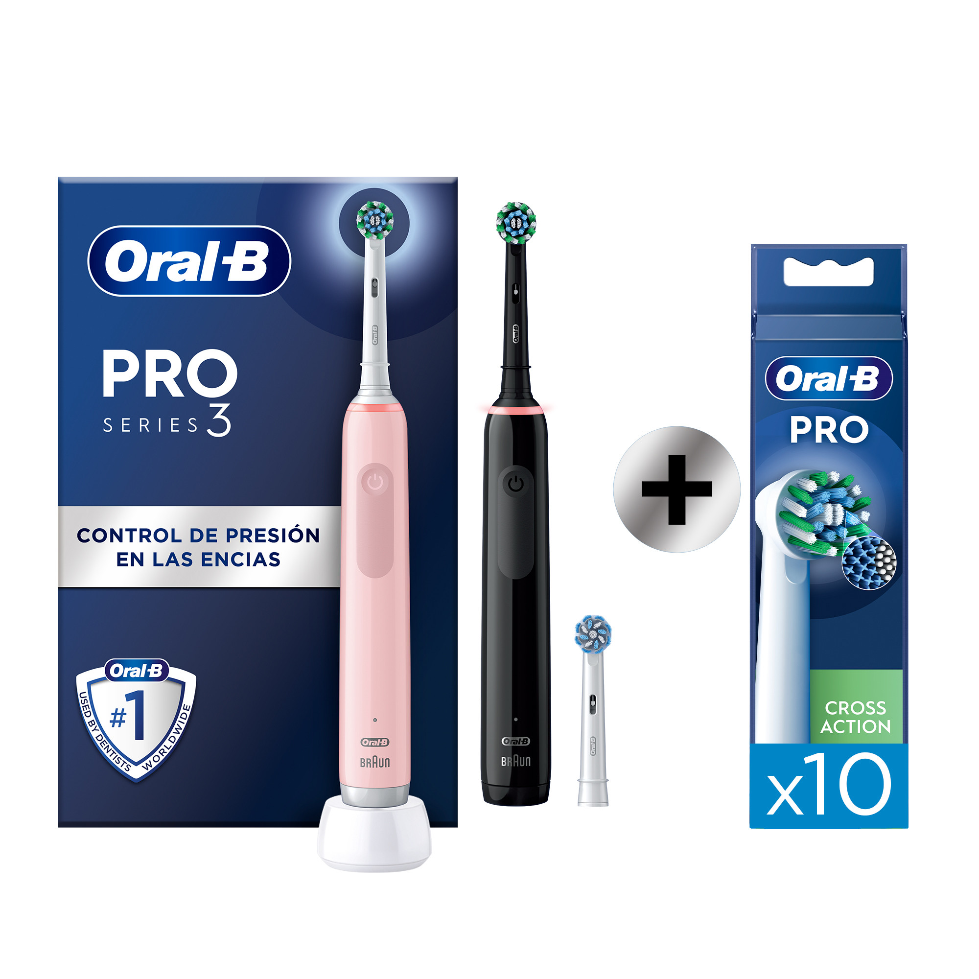 Oral-B Pro 3 Pack Doble de Cepillos Eléctricos Rosa y Negro con 3 + 10 Recambios