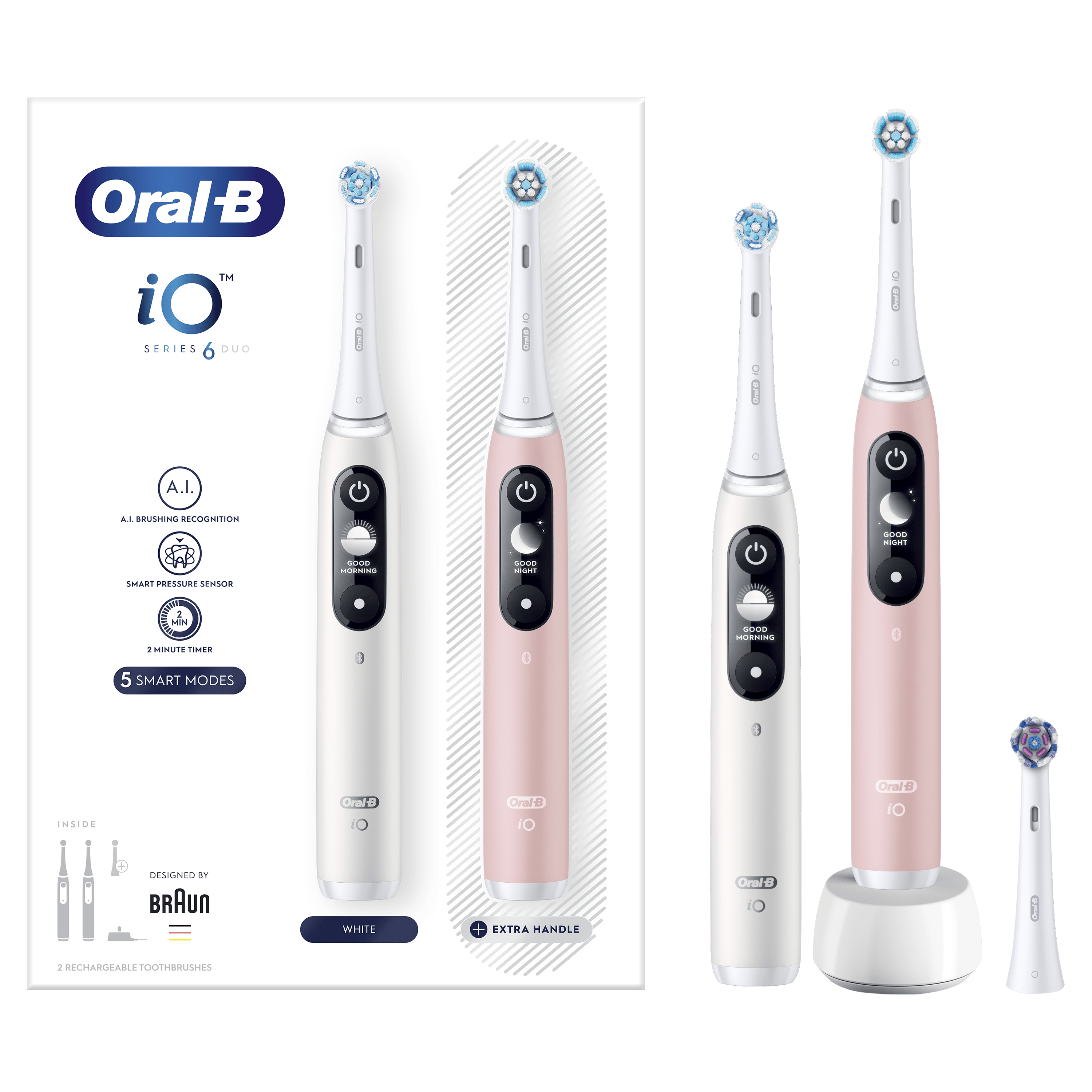 Oral-B iO6 Pack Dúo de Cepillos Eléctricos Blanco y Rosa con 3 cabezales