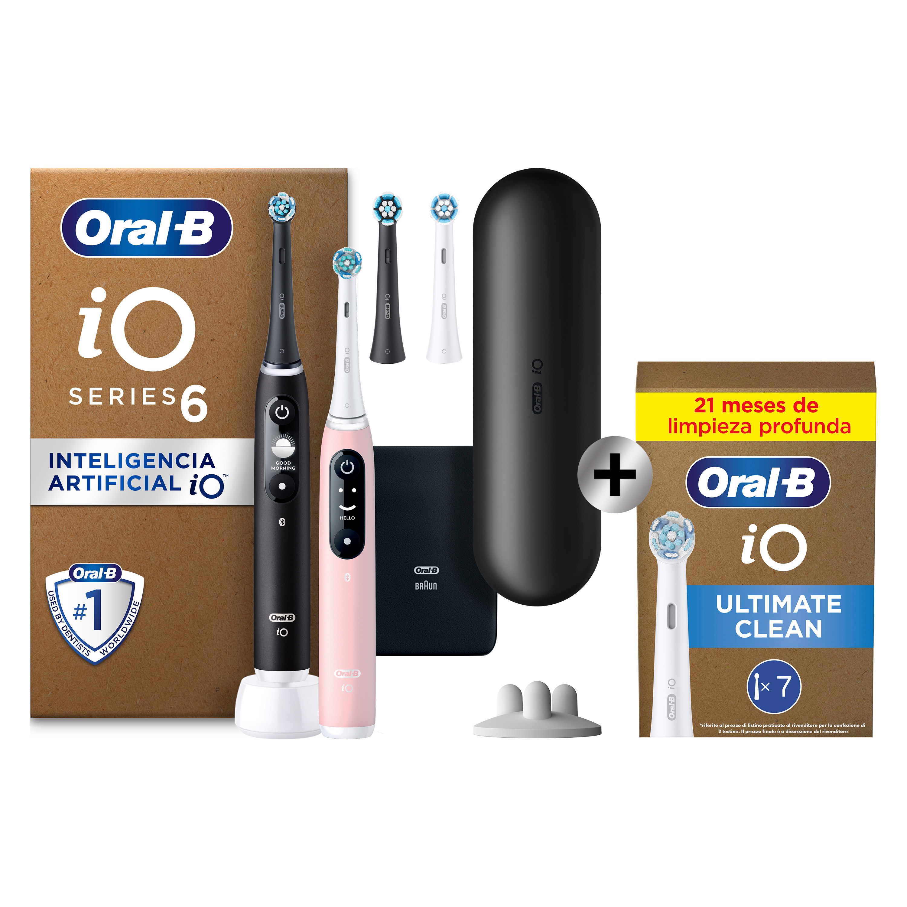 Oral-B iO 6 Pack Doble de Cepillos Eléctricos Negro y Rosa con 4+7 cabezales y estuche de viaje