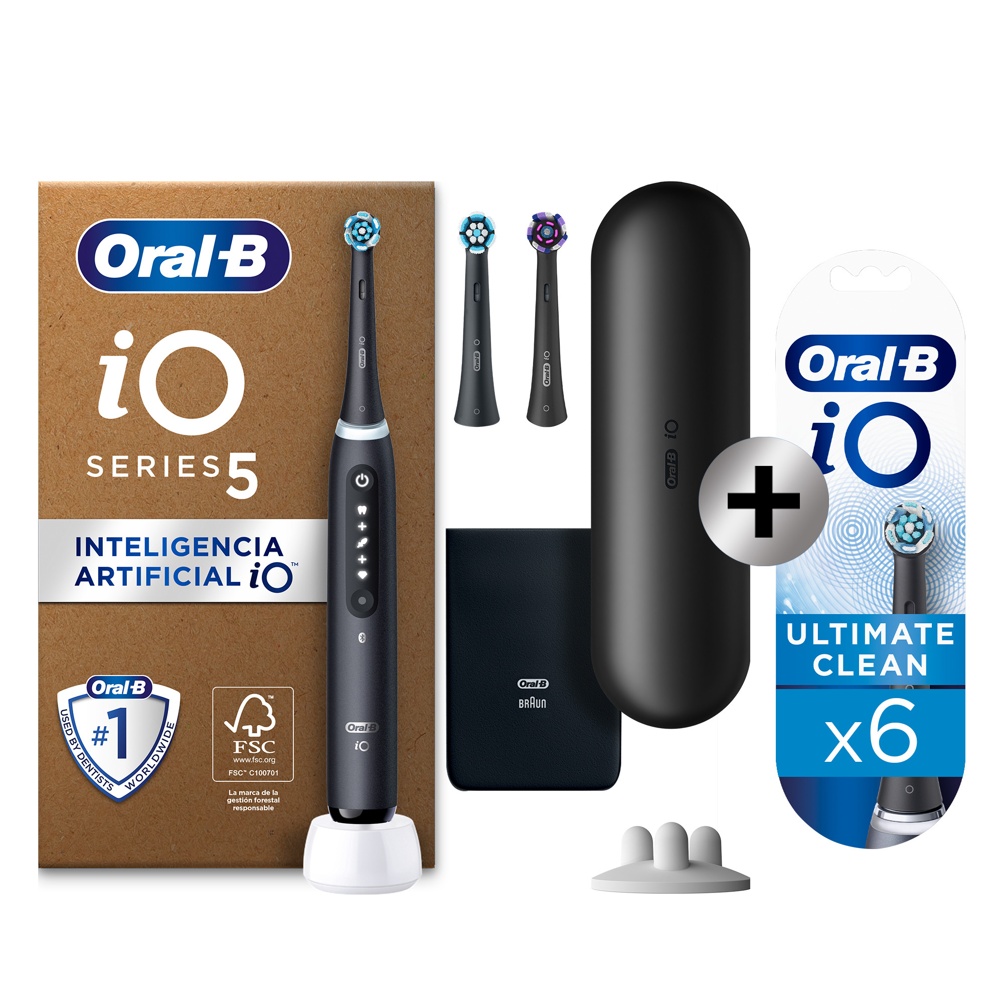 Oral-B iO 5 Pack de Cepillo Eléctrico Negro Mate con 3 + 6 Recambios