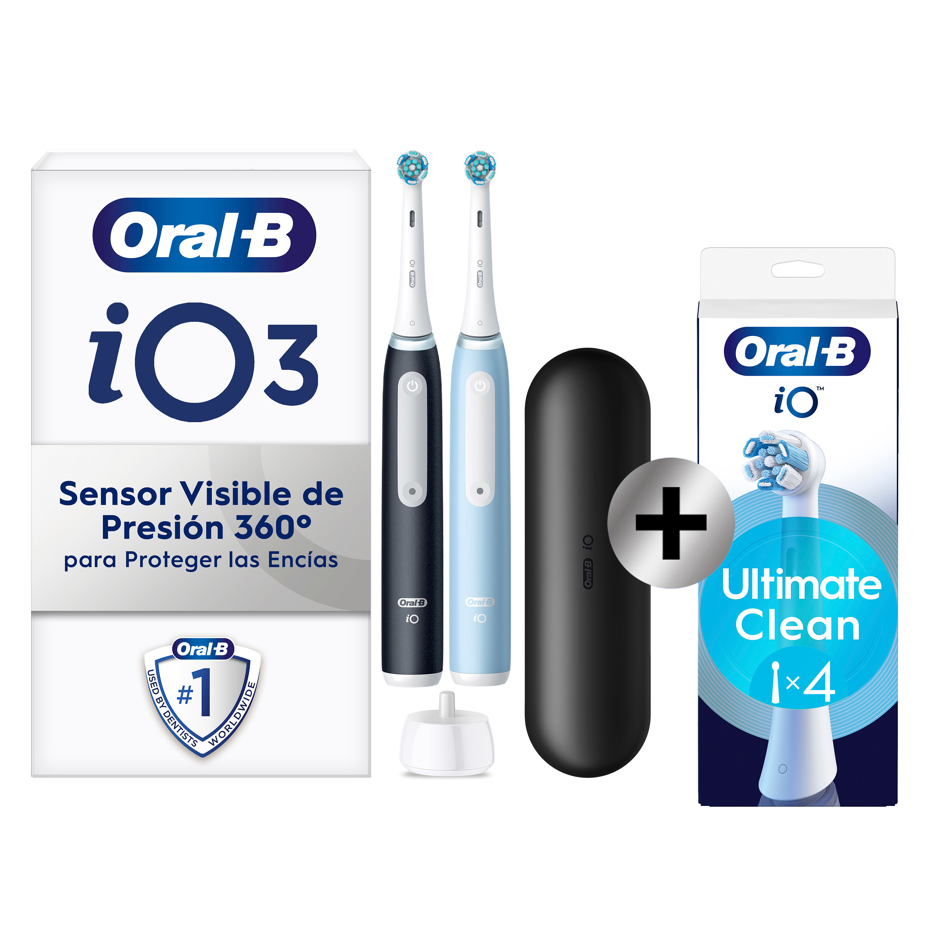 Oral-B iO 3 Pack Dúo de Cepillos Eléctricos Negro y Azul con 2+4 cabezales y estuche de viaje