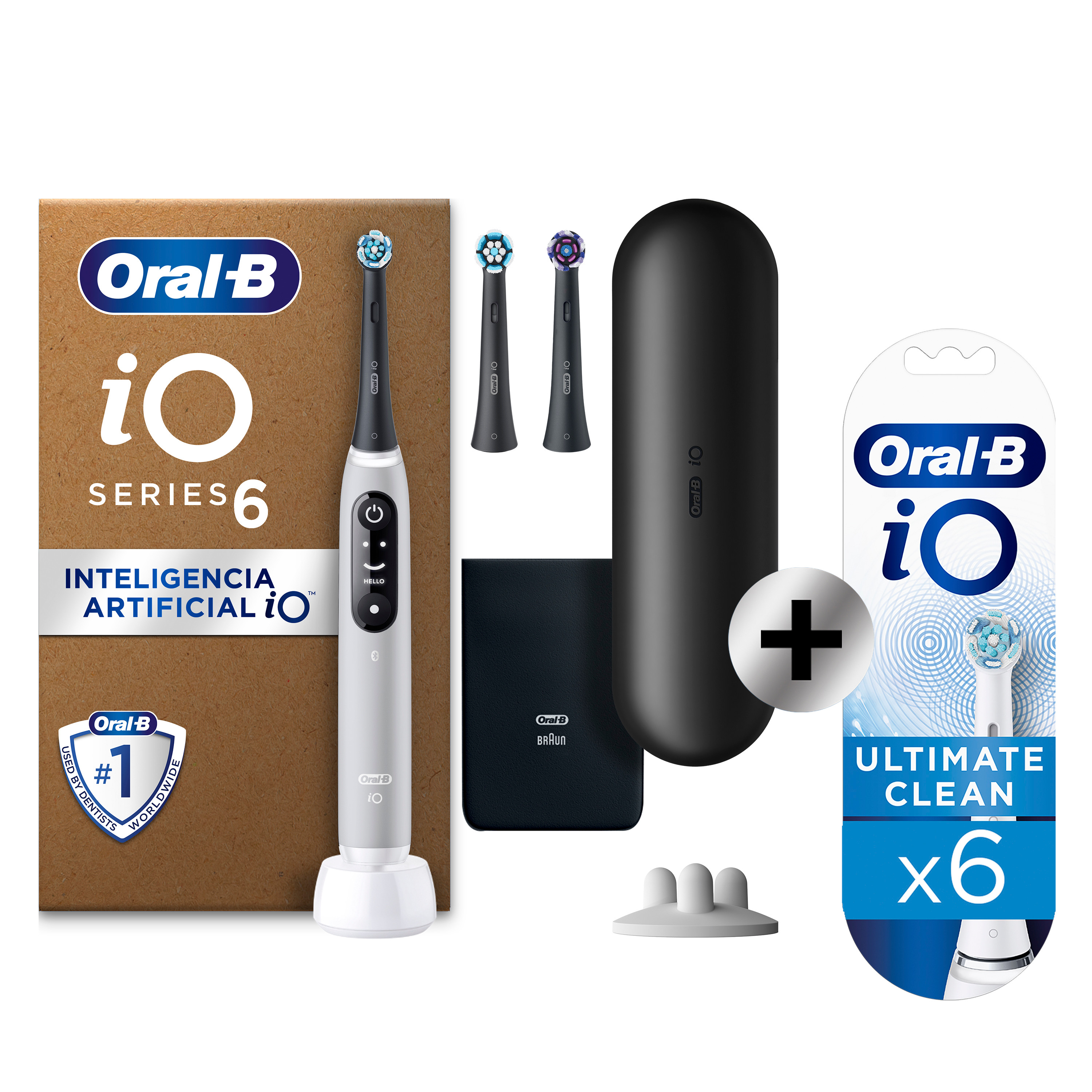 Oral-B iO 6 Pack de Cepillo Eléctrico Gris con 3+6 Recambios y estuche de viaje