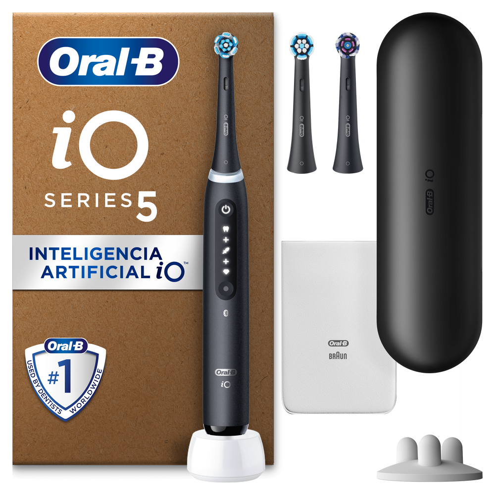 Oral-B iO 5  Pack de Cepillo Eléctrico Negro con 3 cabezales y estuche de viaje negro