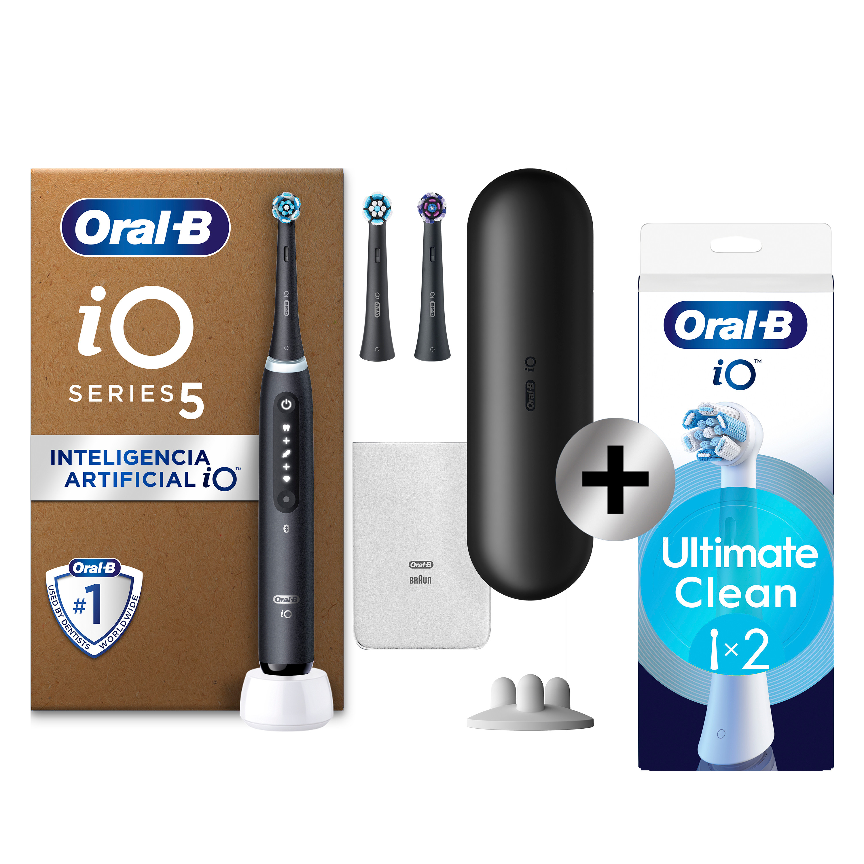 Oral-B iO 5  Pack de Cepillo Eléctrico Negro con 3+2 Recambios y estuche de viaje negro