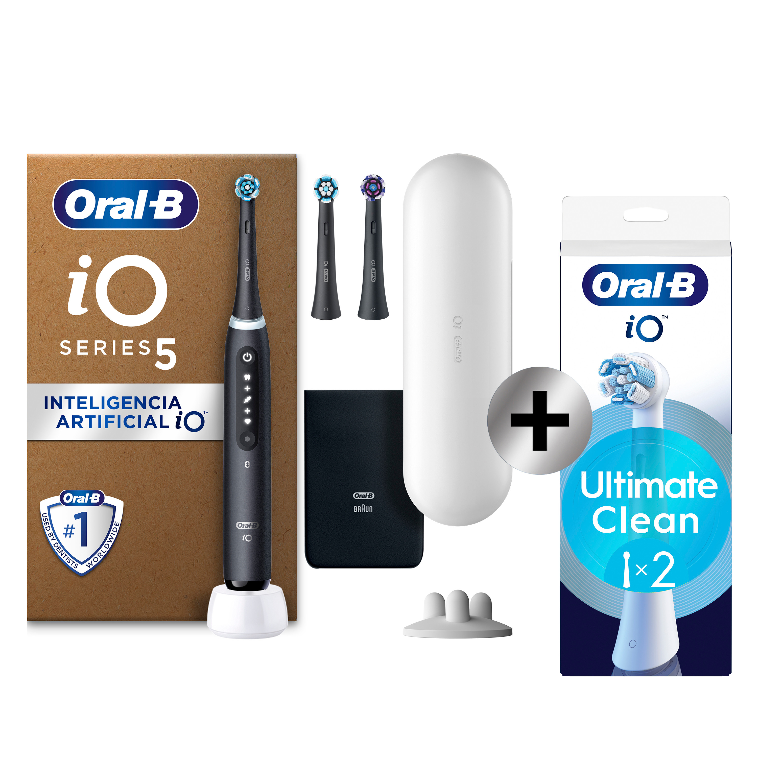 Oral-B iO 5  Pack de Cepillo Eléctrico Negro con 3+2 Recambios y estuche de viaje blanco