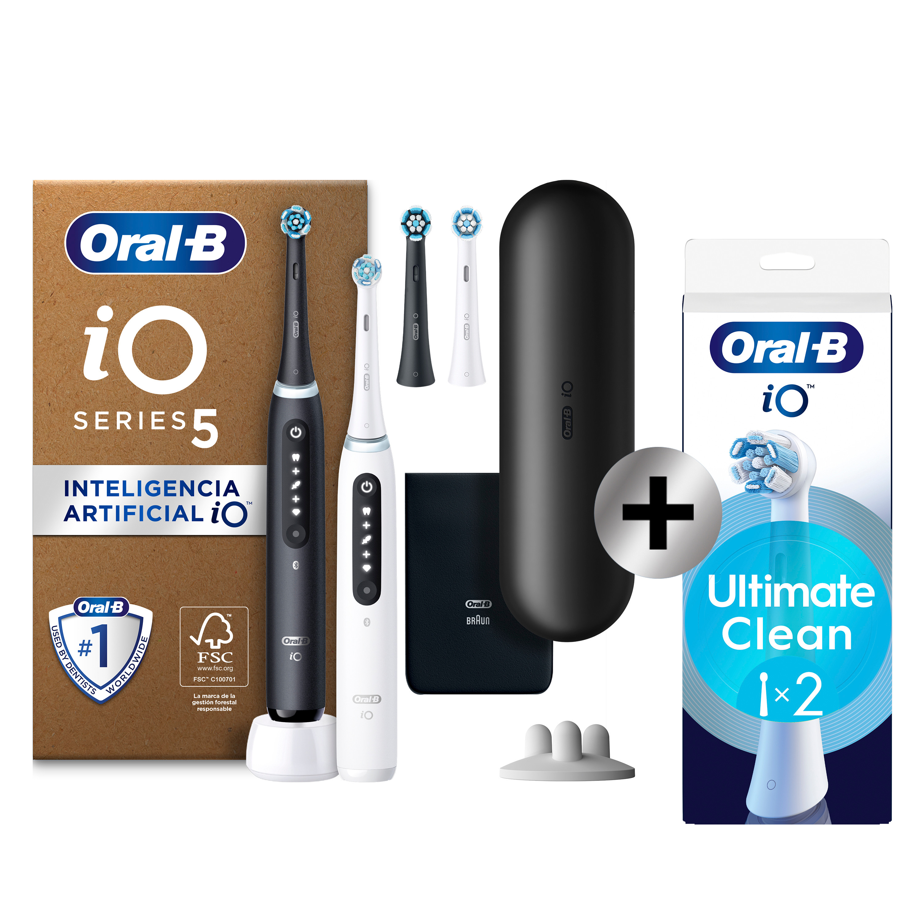 Oral-B iO 5 Pack Doble de Cepillos Eléctricos Blanco y Negro con 4 + 2 Recambios