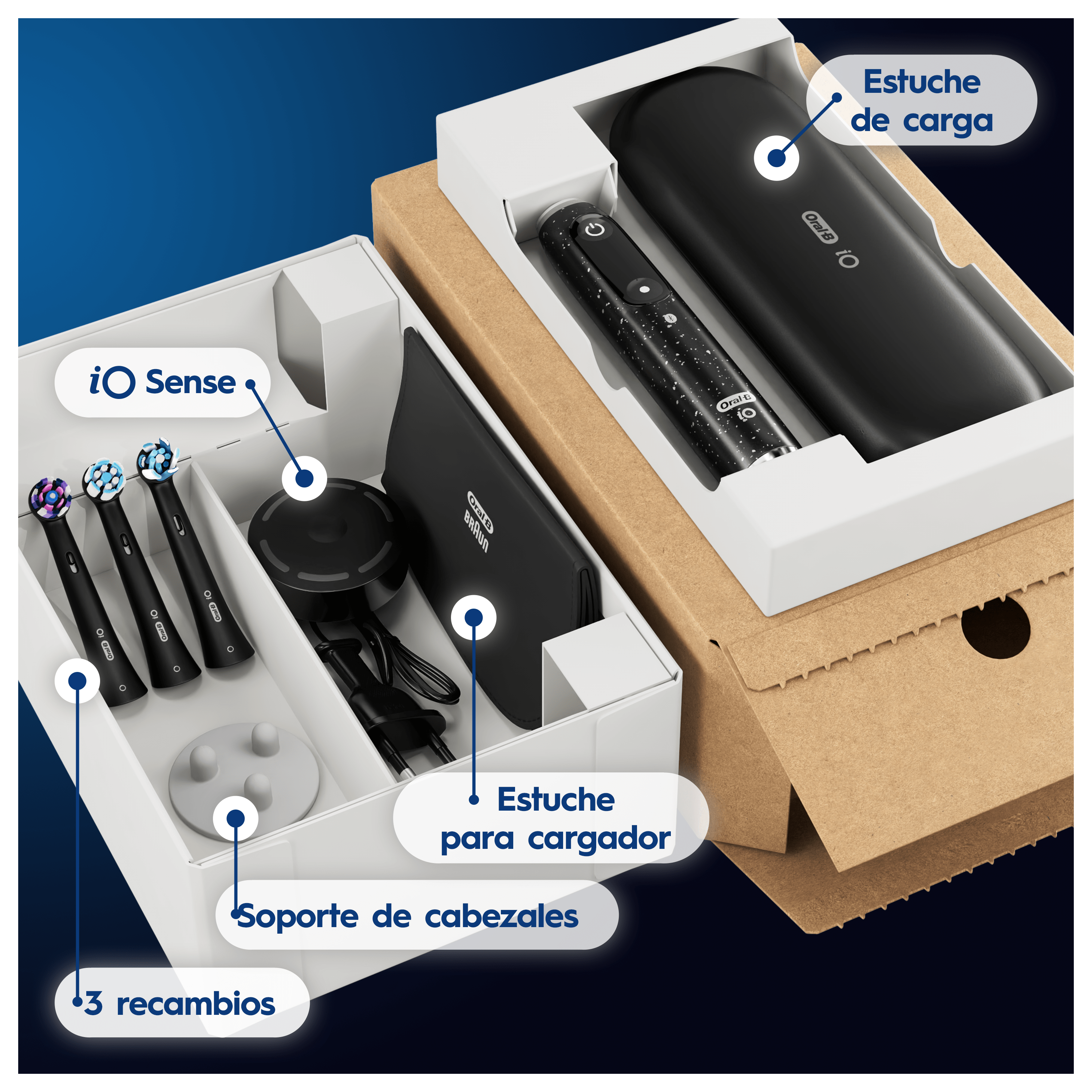 Oral-B iO 10 Pack de Cepillo Eléctrico Negro con 3 cabezales y cargador de viaje