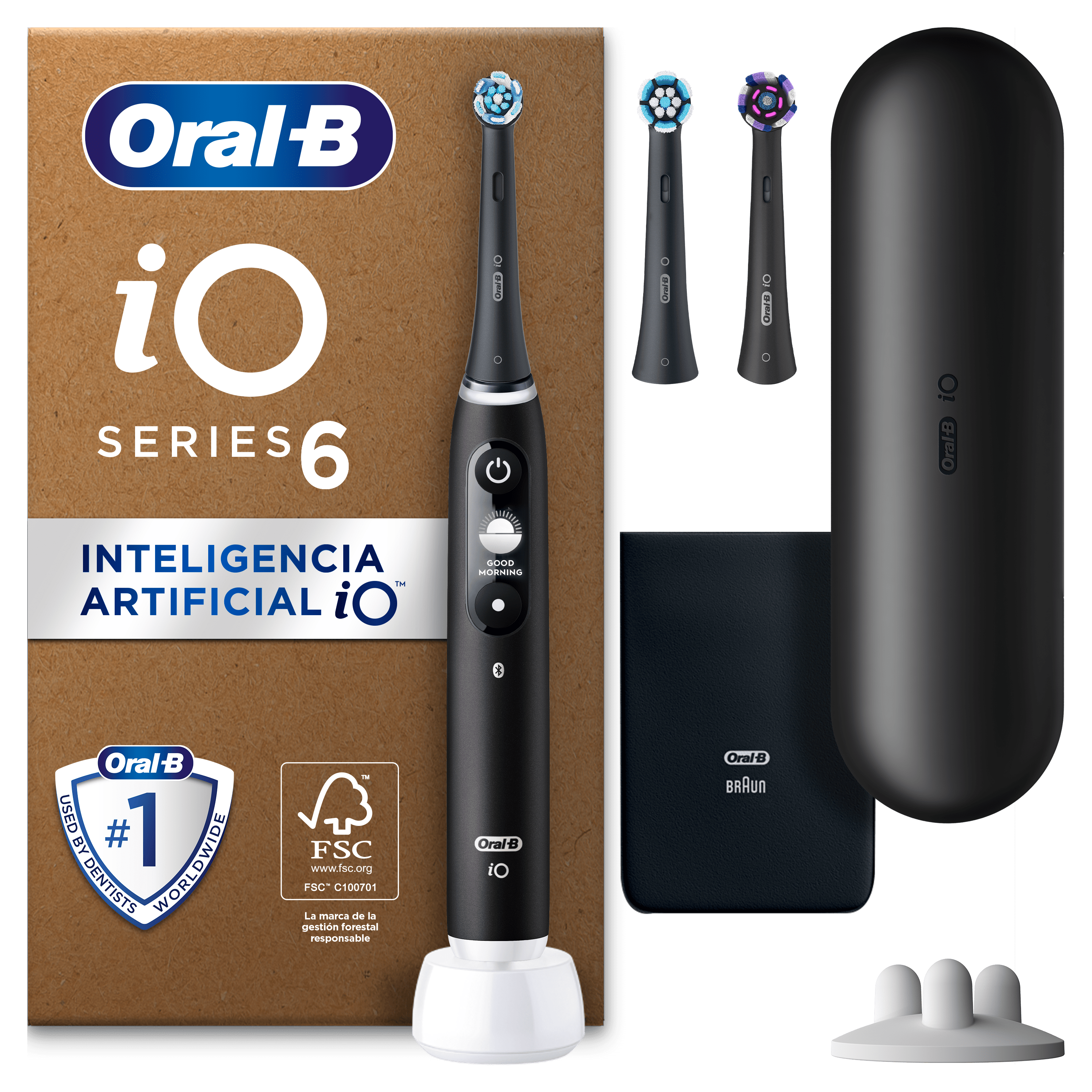 Oral-B iO 6 Pack de Cepillo Eléctrico Negro con 3+4 cabezales y estuche de viaje