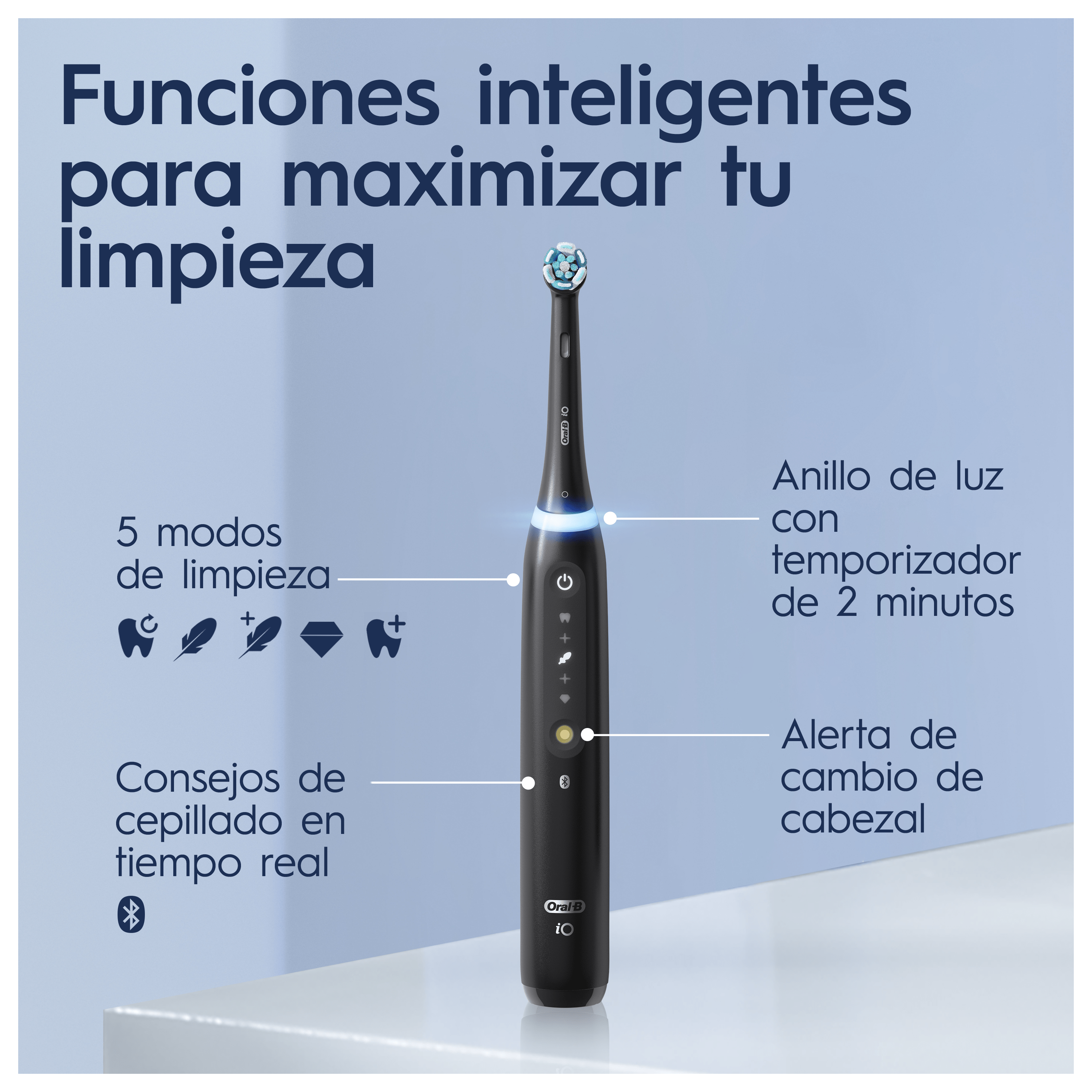 Oral-B iO 5  Pack de Cepillo Eléctrico Negro con 3 Cabezales y estuche de viaje blanco