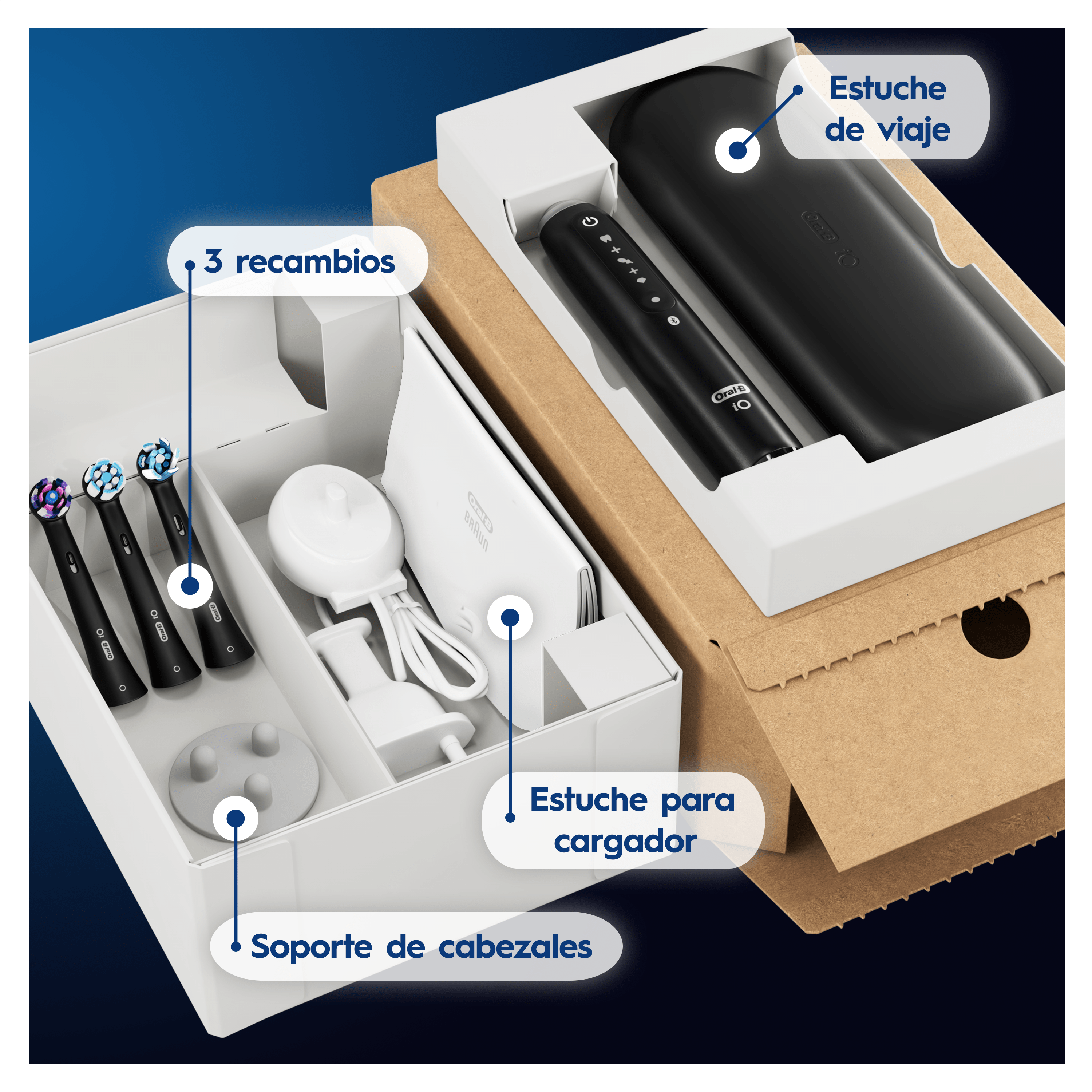 Oral-B iO 5  Pack de Cepillo Eléctrico Negro con 3 cabezales y estuche de viaje negro