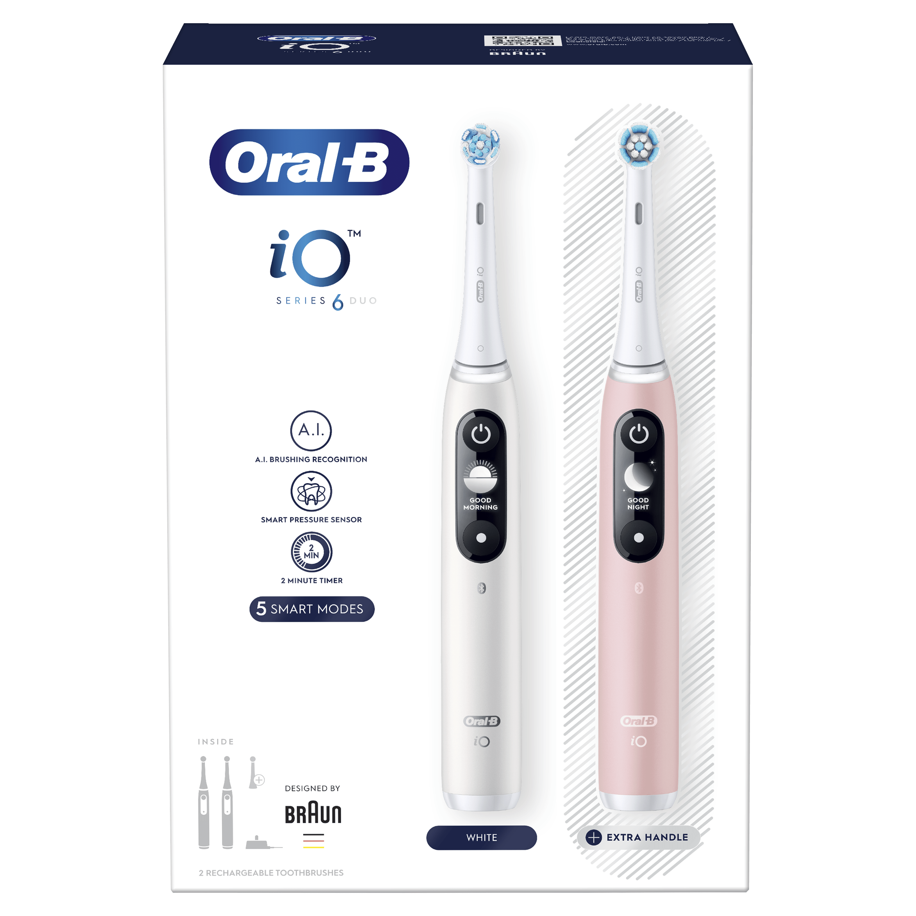 Oral-B iO6 Pack Dúo de Cepillos Eléctricos Blanco y Rosa con 3+5 cabezales