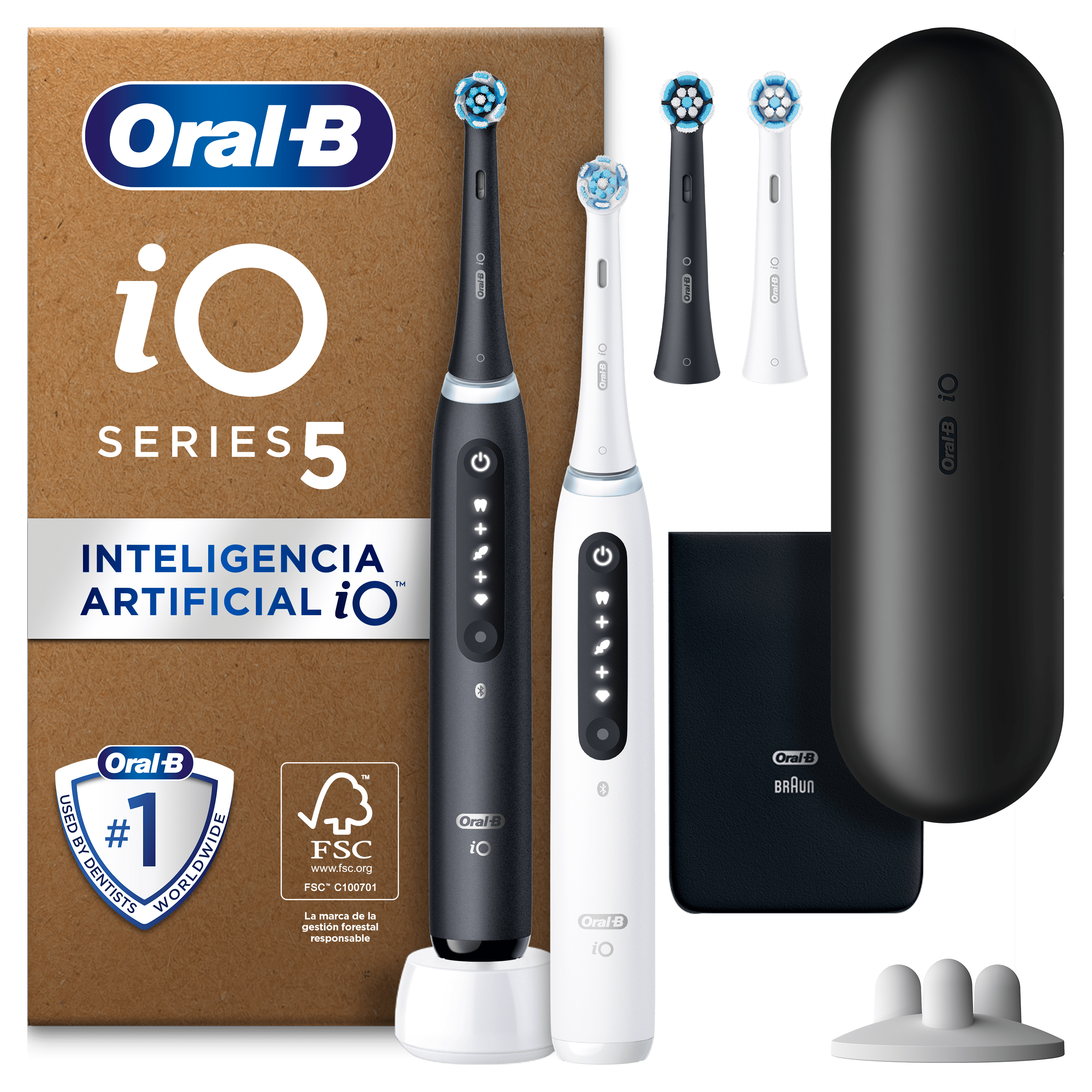 Oral-B iO 5 Pack Doble de Cepillos Eléctricos Blanco y Negro con 4+5 cabezales y estuche de viaje