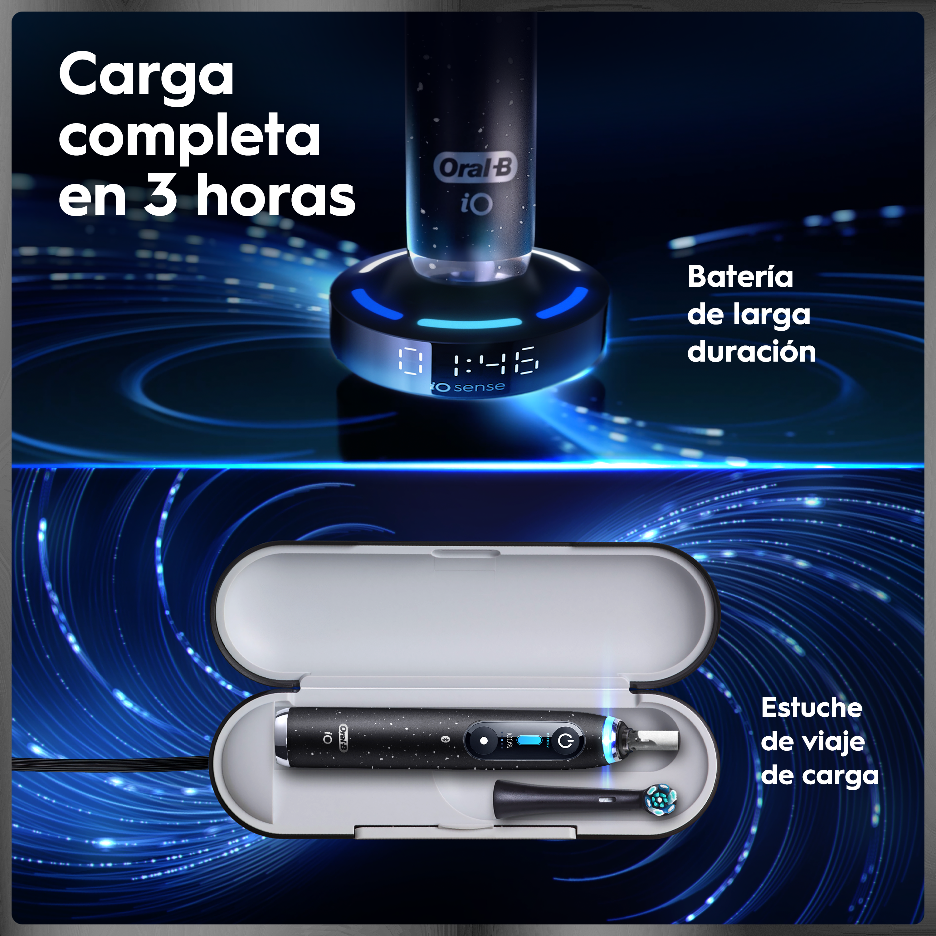 Oral-B iO 10 Pack de Cepillo Eléctrico Negro con 3 cabezales y cargador de viaje