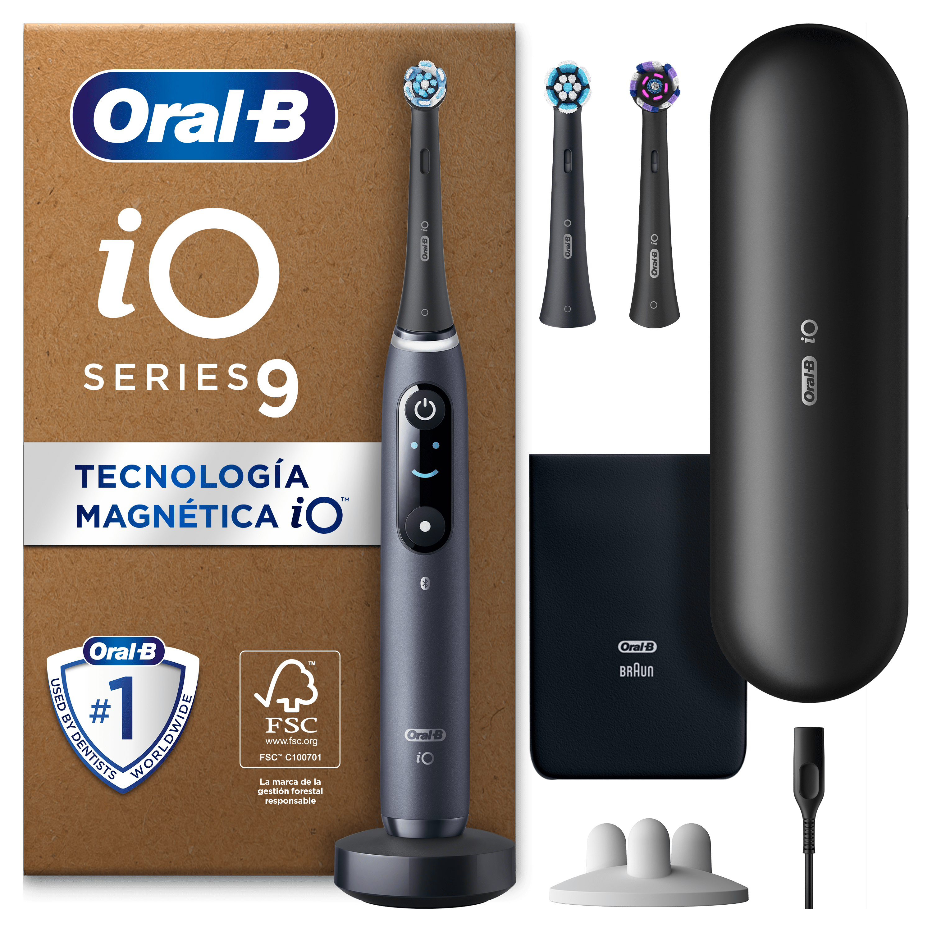 Oral-B iO 9 Pack de Cepillo Eléctrico Negro con 3 cabezales y cargador de viaje negro